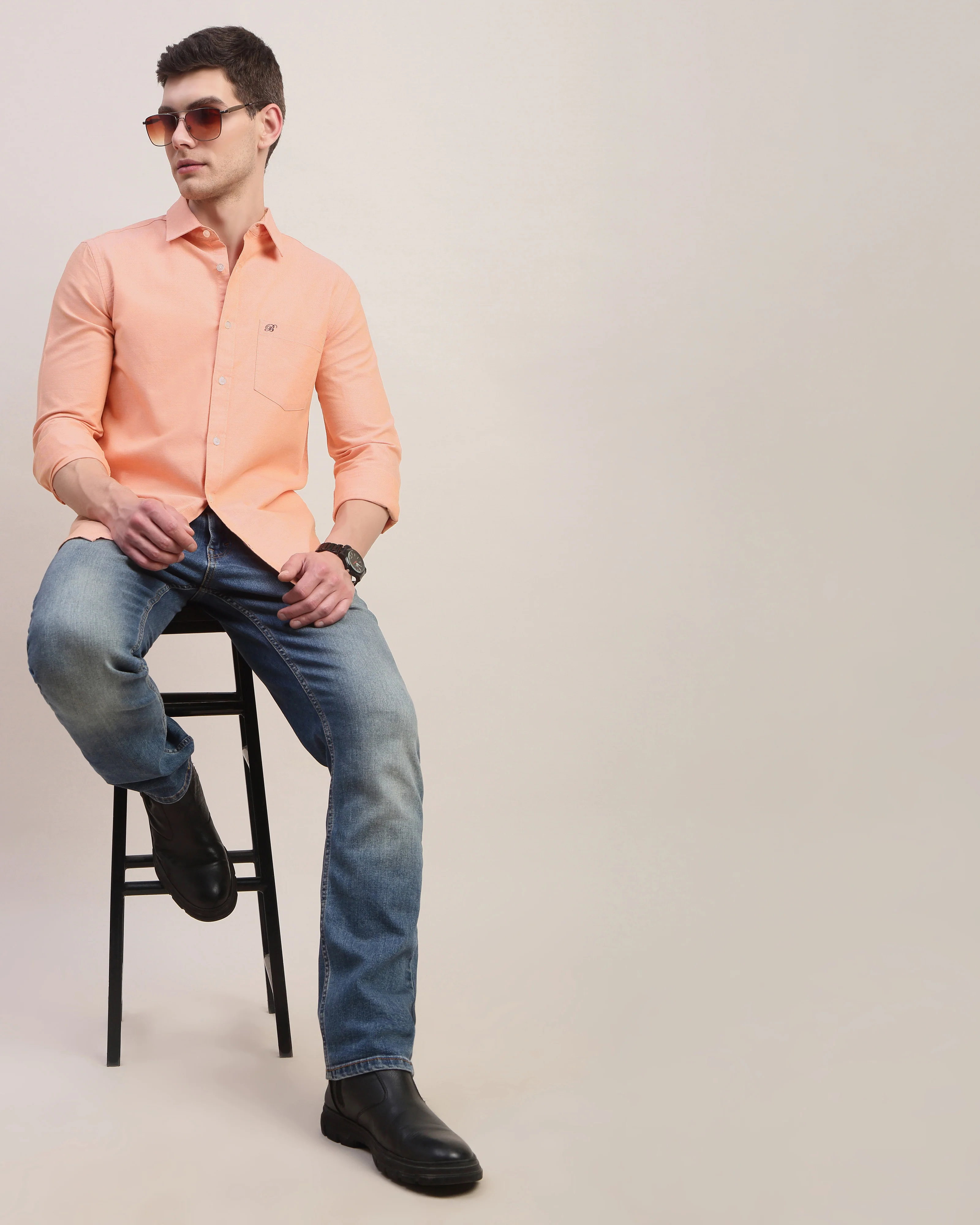 Men Orange Oxford Shirt - Image 4