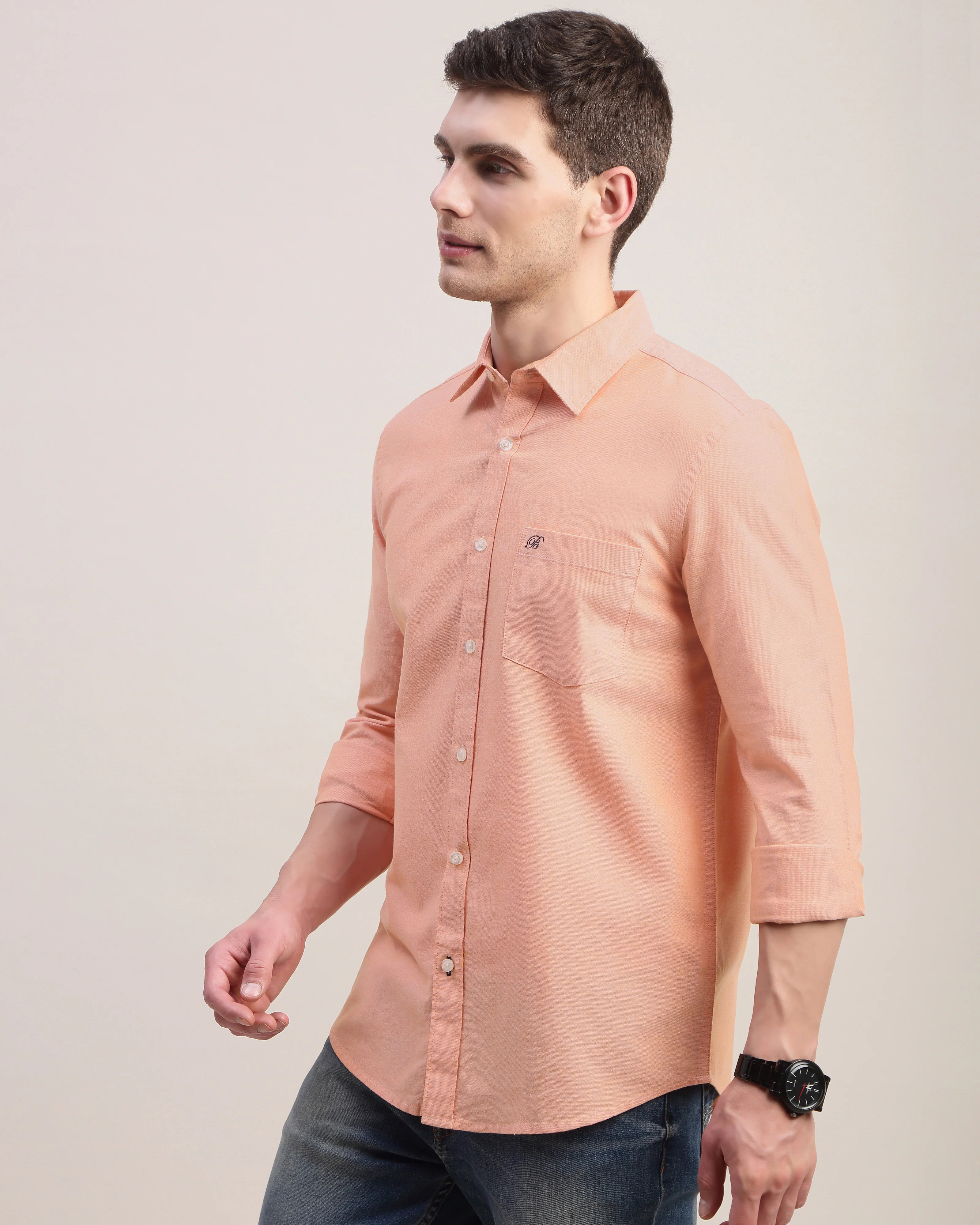 Men Orange Oxford Shirt - Image 7