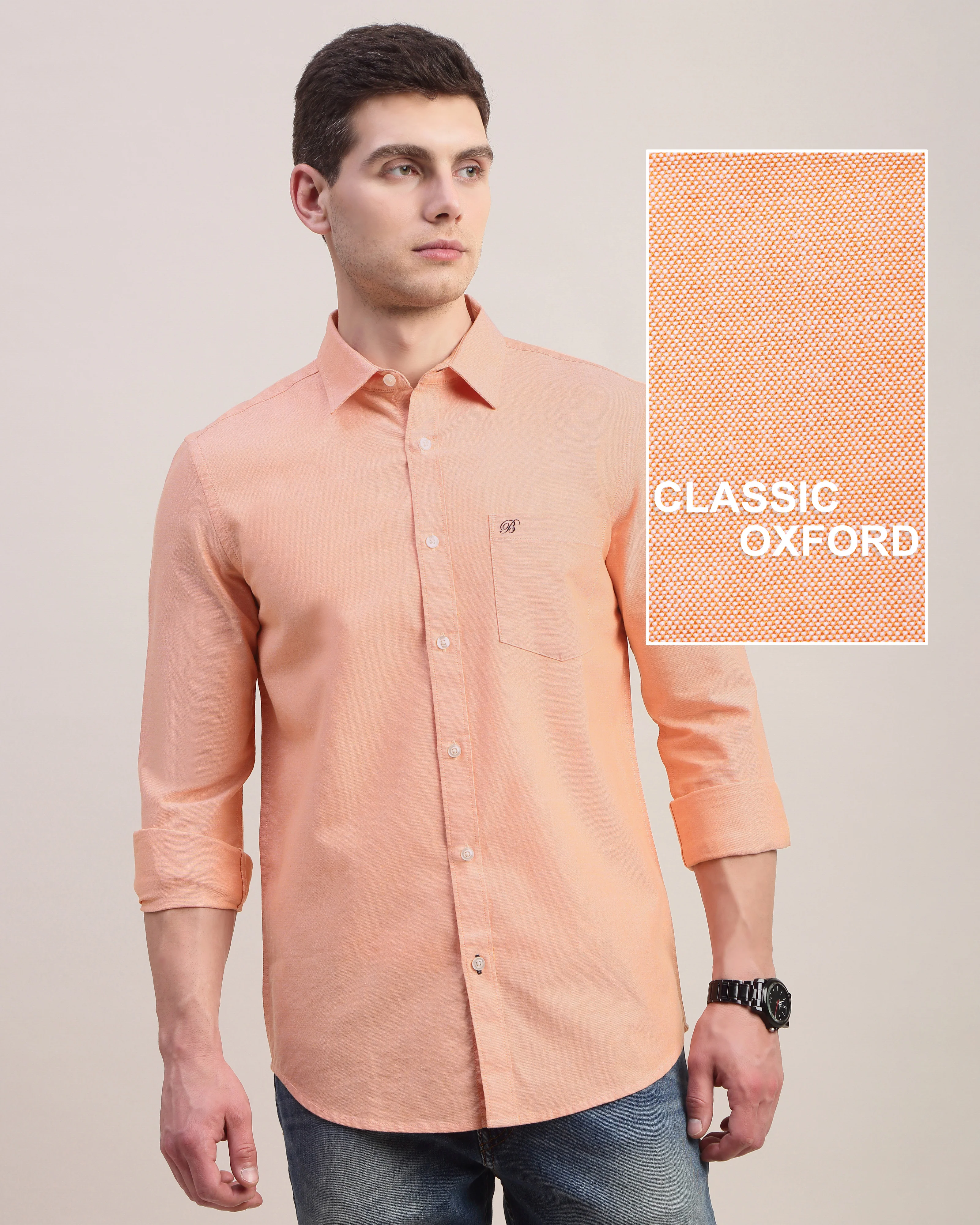 Men Orange Oxford Shirt - Image 9