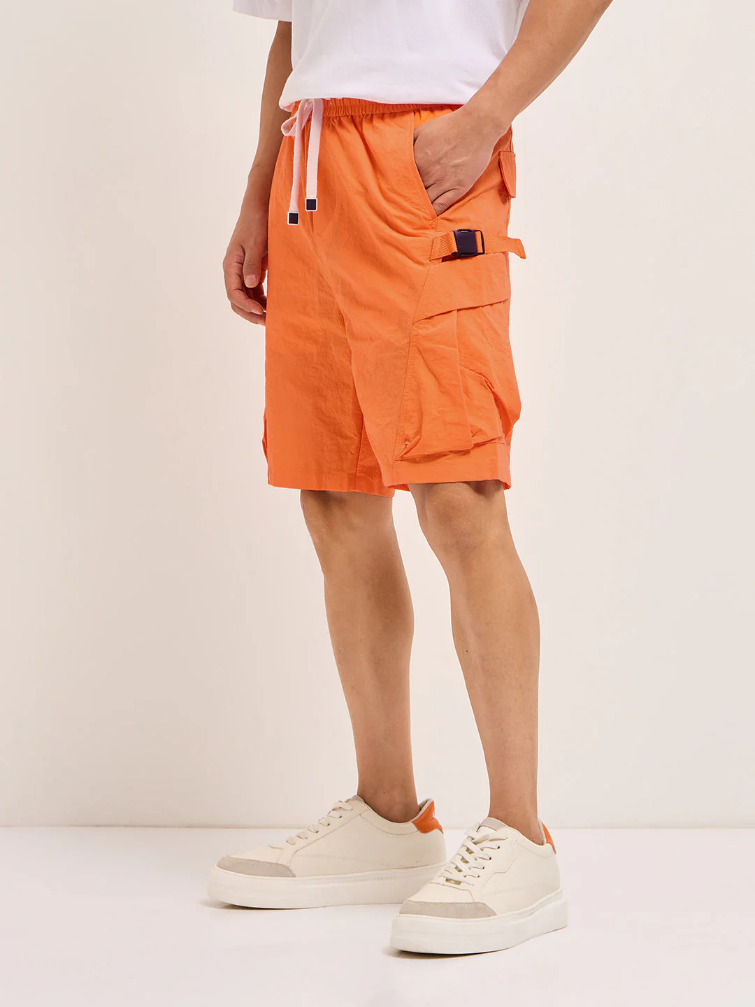 Men Orange Polyester Regular Fit Knee-Length Utility Cargo Shorts - Image 3