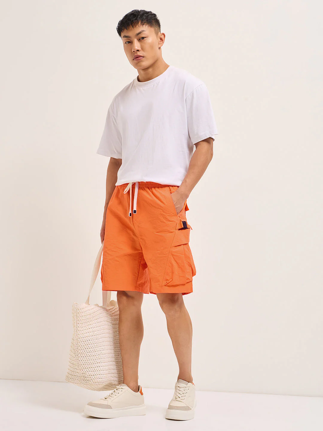 Men Orange Polyester Regular Fit Knee-Length Utility Cargo Shorts - Image 4