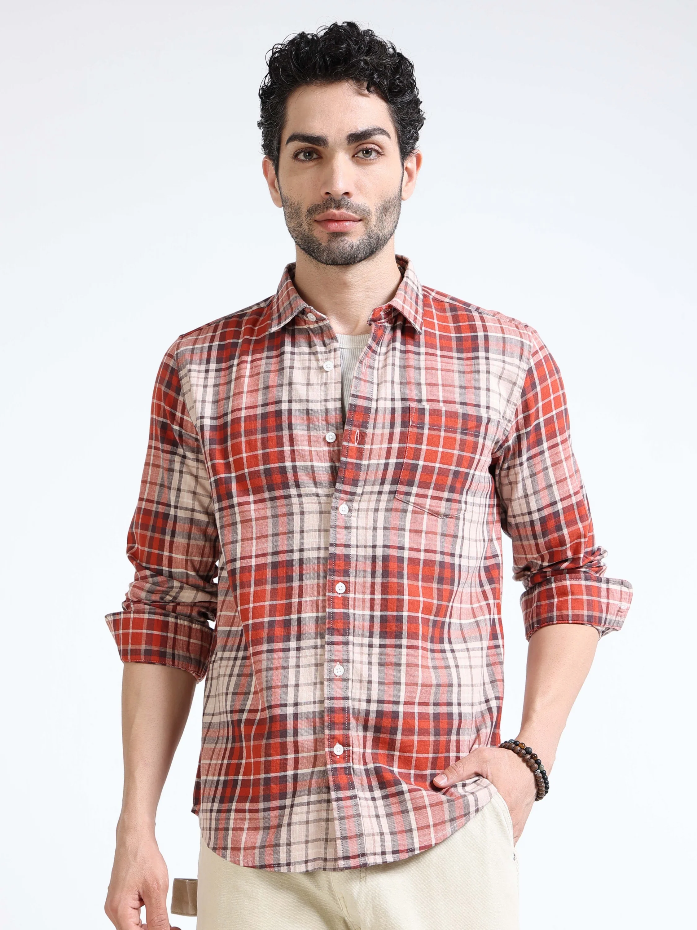 Men Orange Regular Fit Check Shirt - Image 2