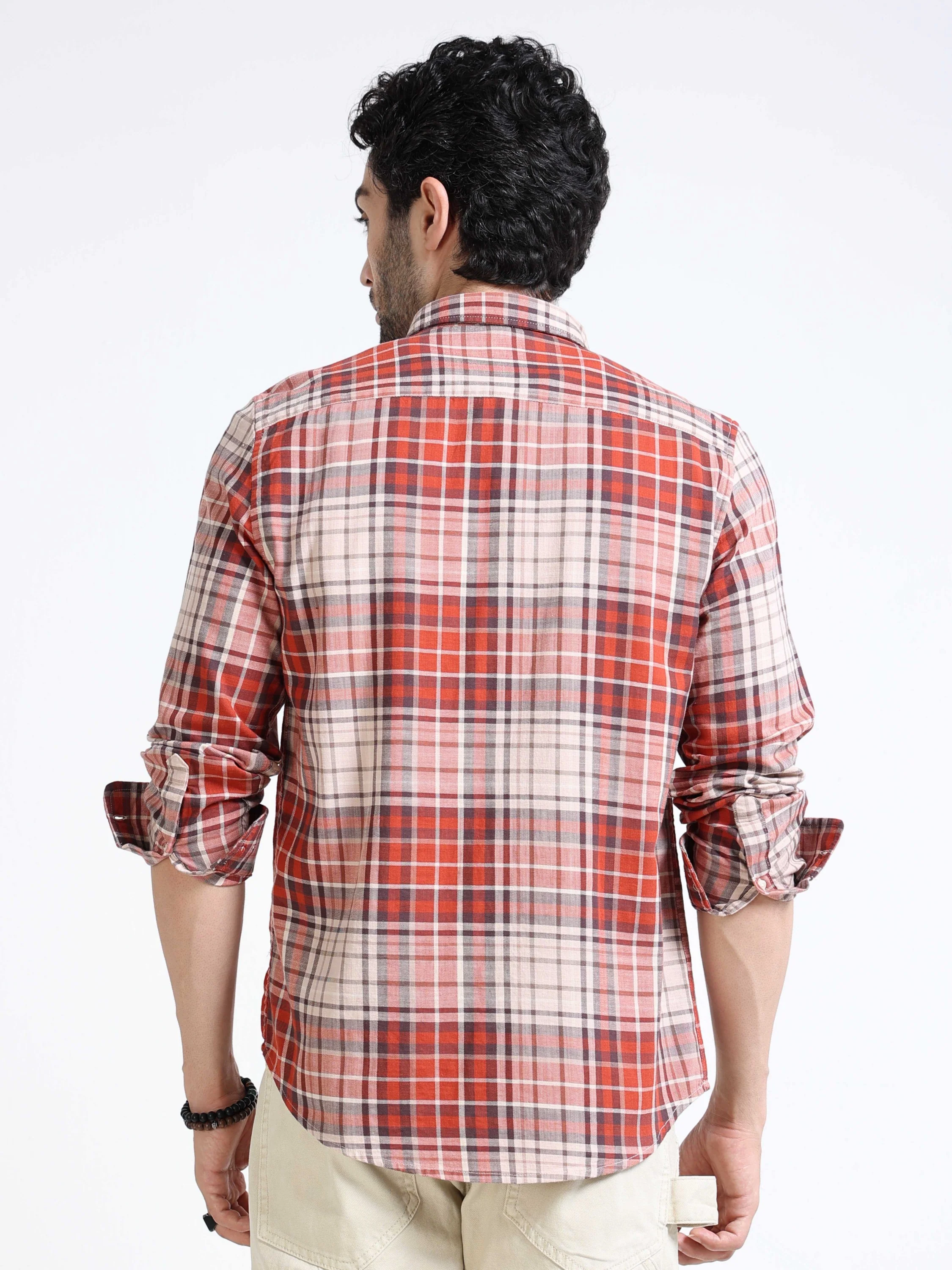 Men Orange Regular Fit Check Shirt - Image 3