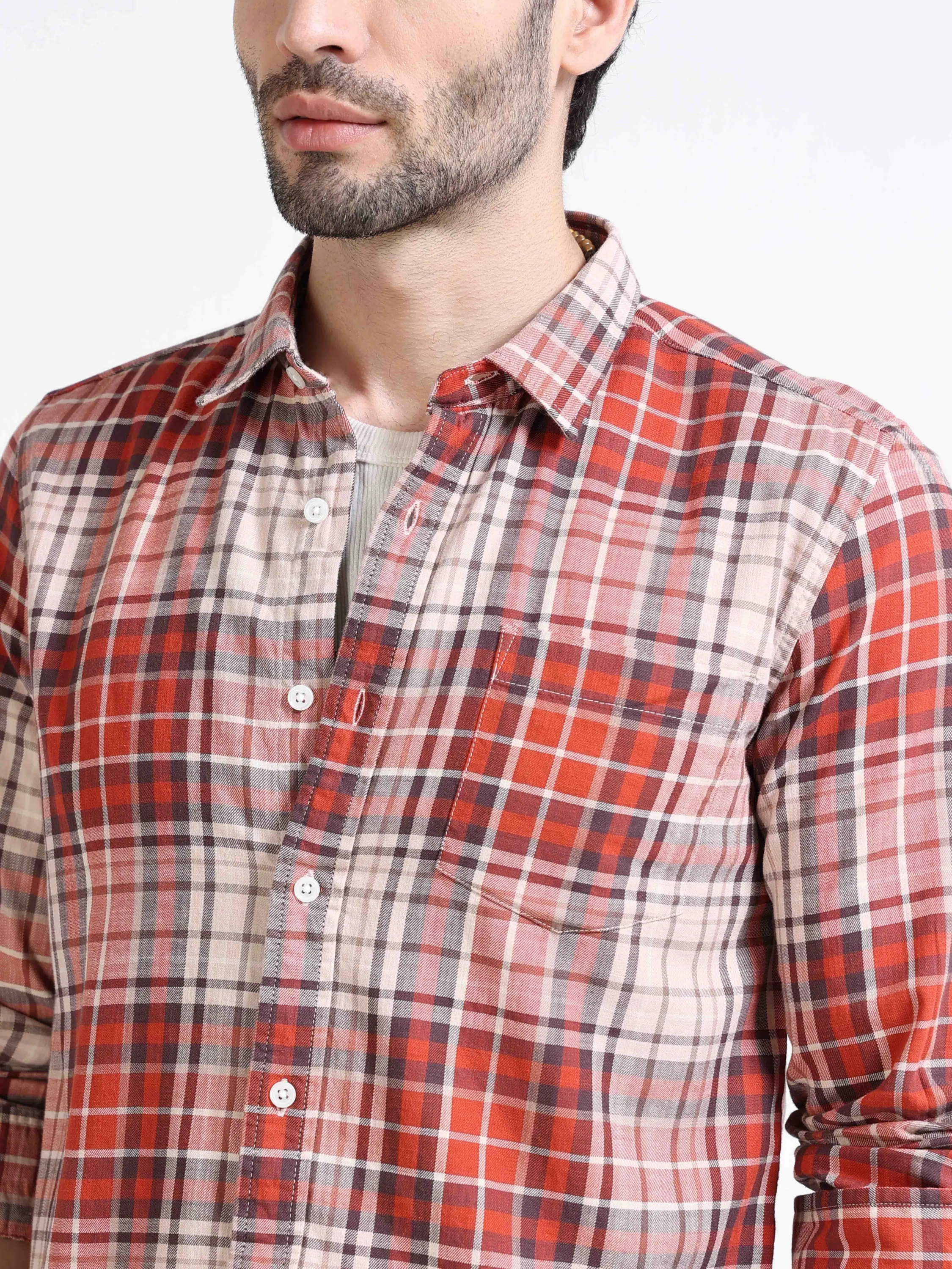 Men Orange Regular Fit Check Shirt - Image 4