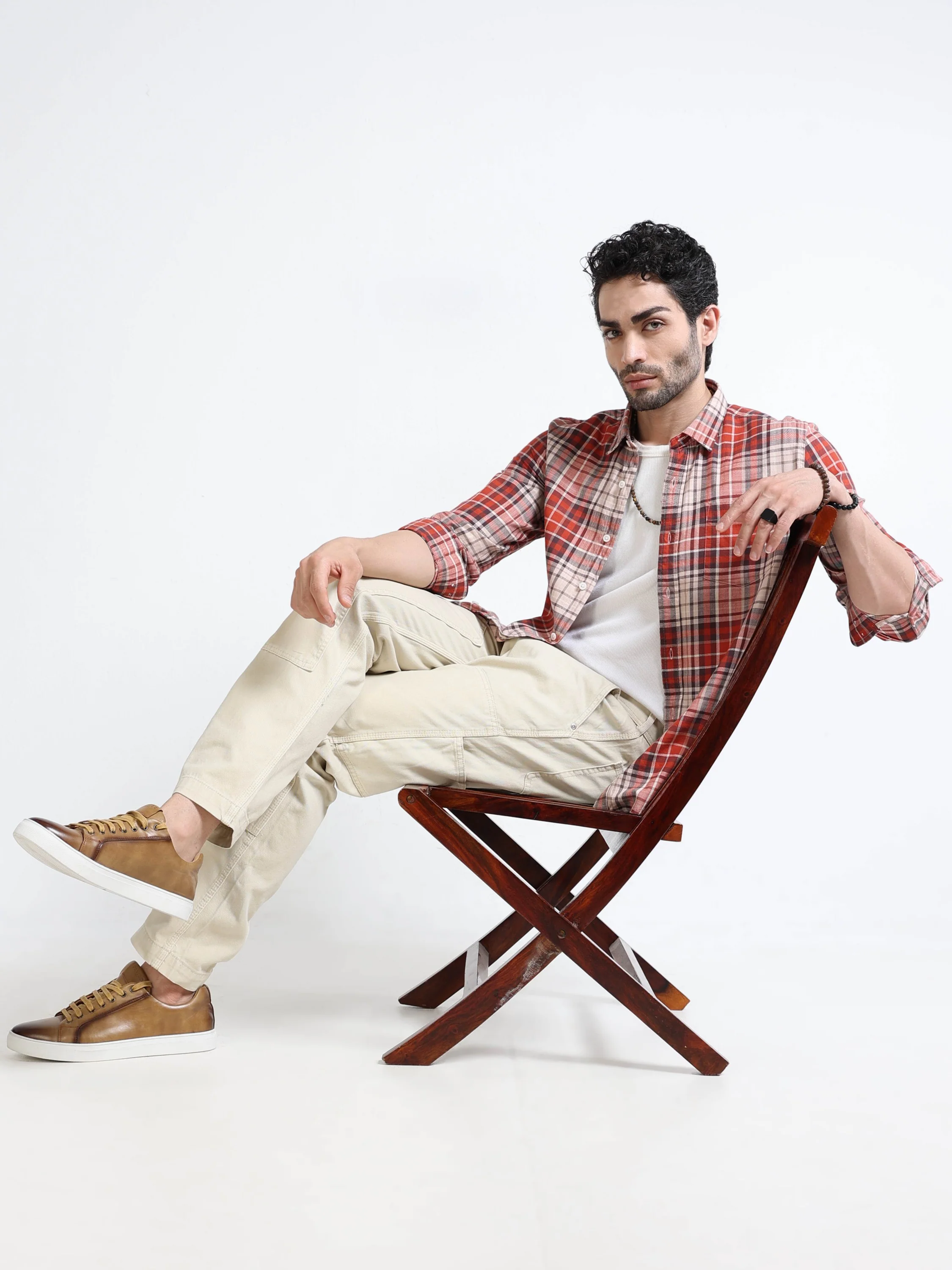 Men Orange Regular Fit Check Shirt - Image 5