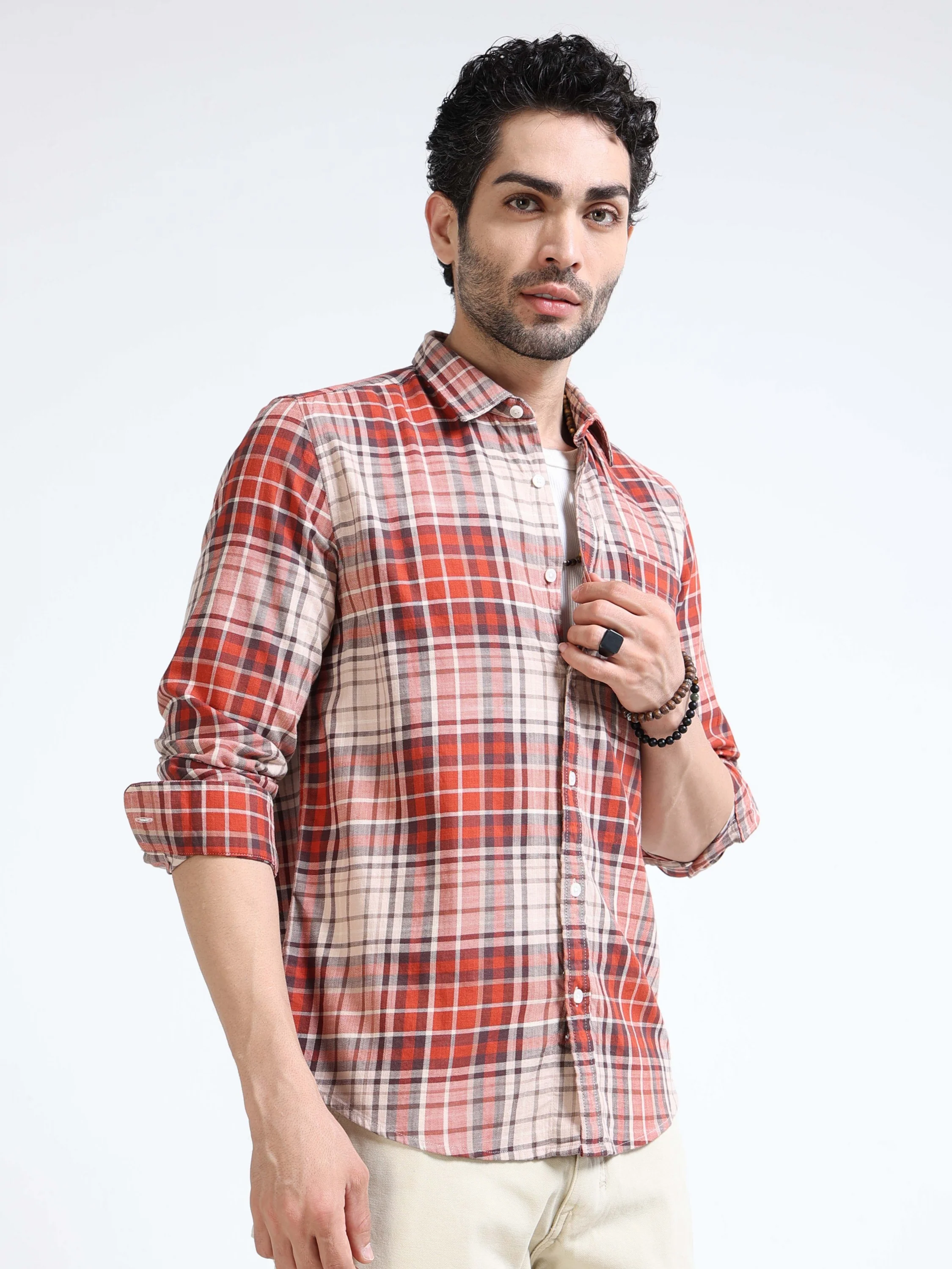 Men Orange Regular Fit Check Shirt - Image 6