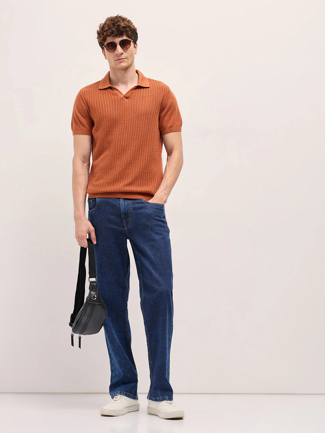 Men Orange Ribbed Texture Design Slim Fit Polo - Image 4