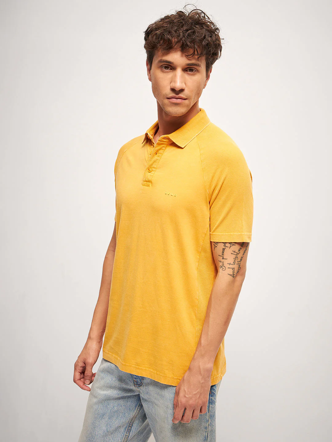 Men Orange Self Design Regular Fit Polo Collar T-shirt - Image 3