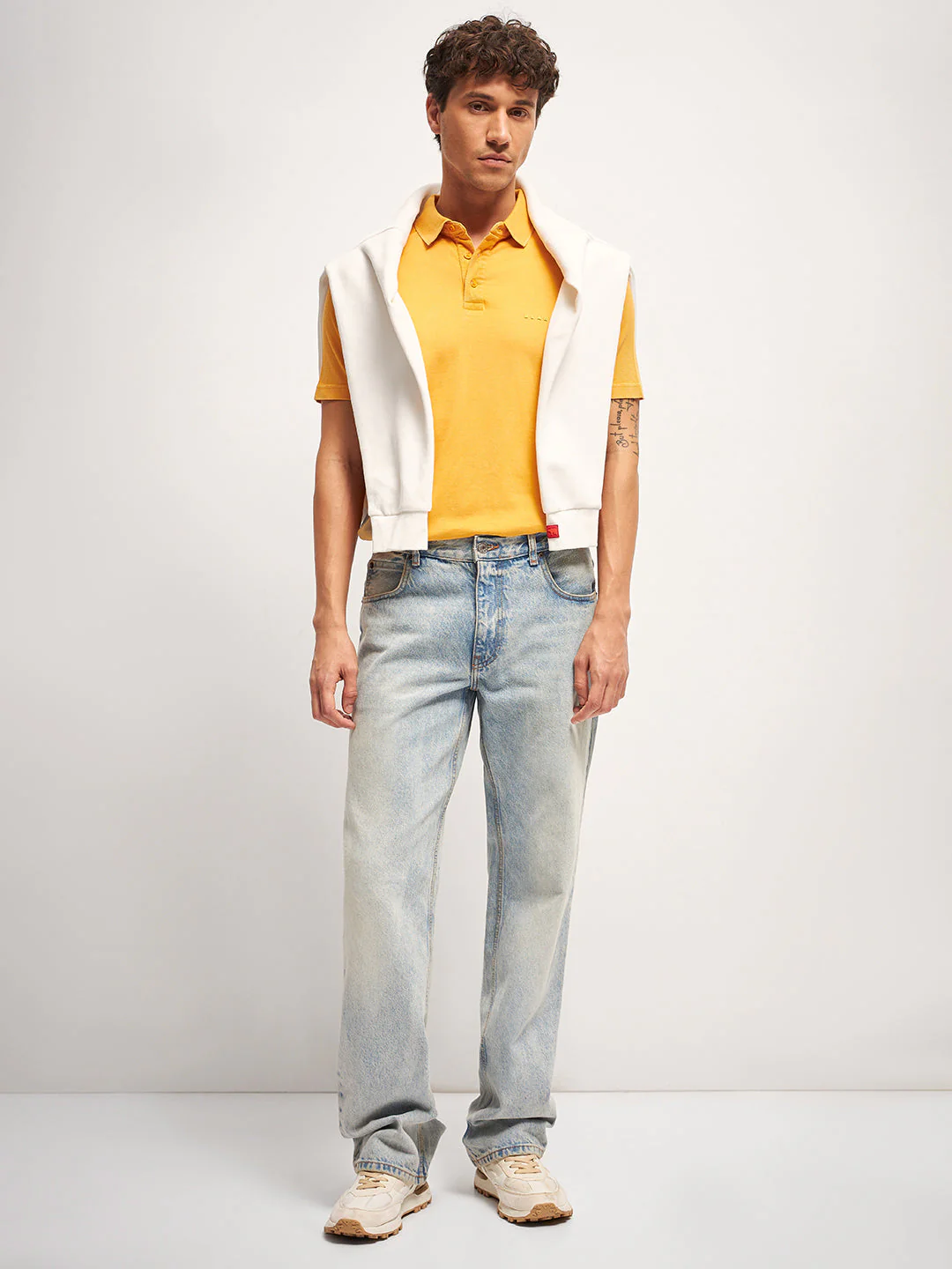 Men Orange Self Design Regular Fit Polo Collar T-shirt - Image 4