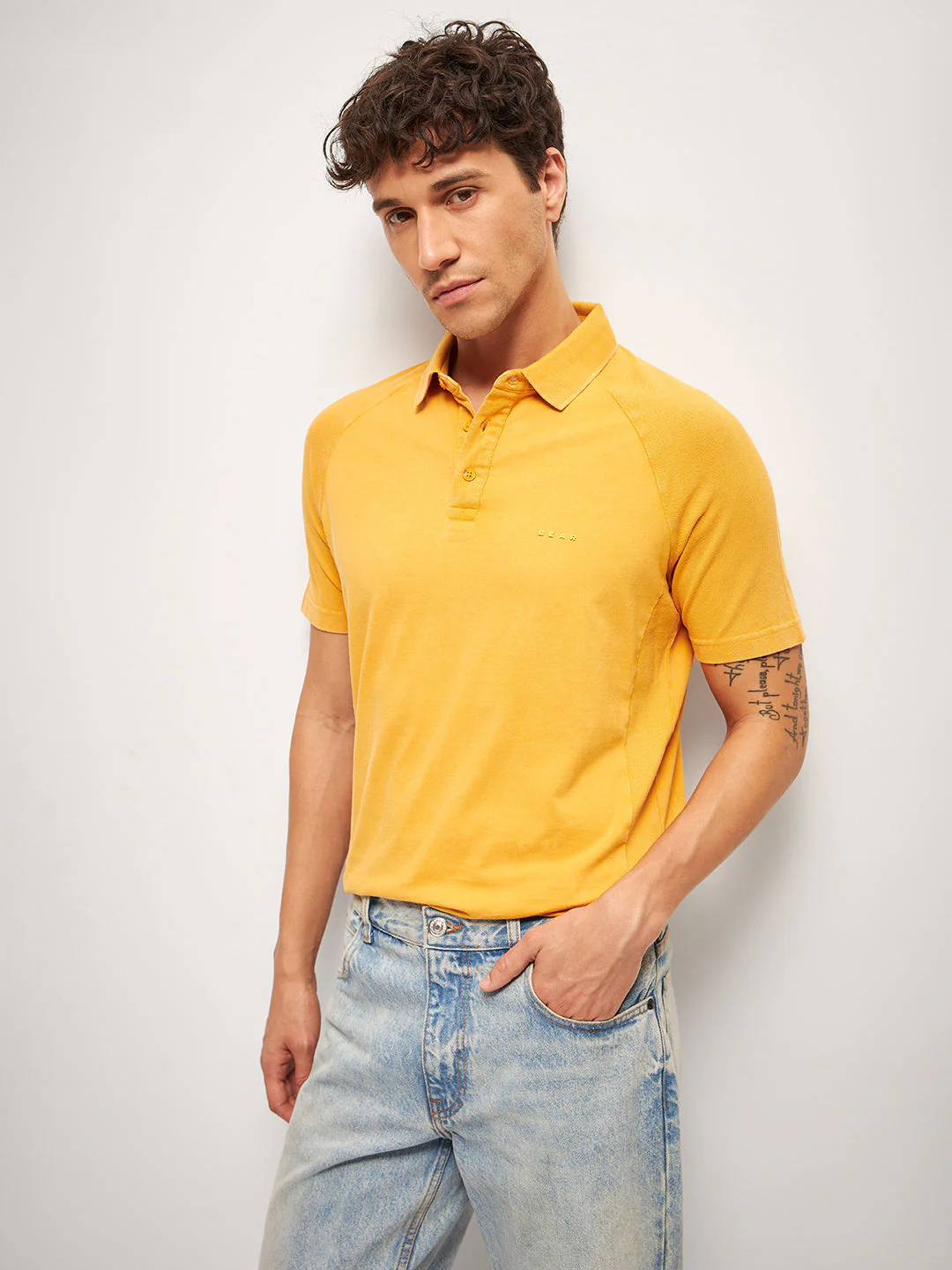 Men Orange Self Design Regular Fit Polo Collar T-shirt - Image 6