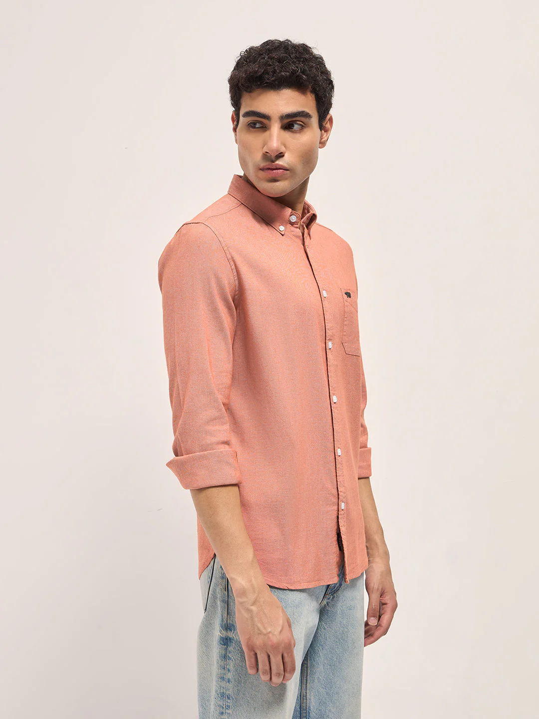 Men Orange Solid Cotton Blend Slim Fit Casual Shirt - Image 3