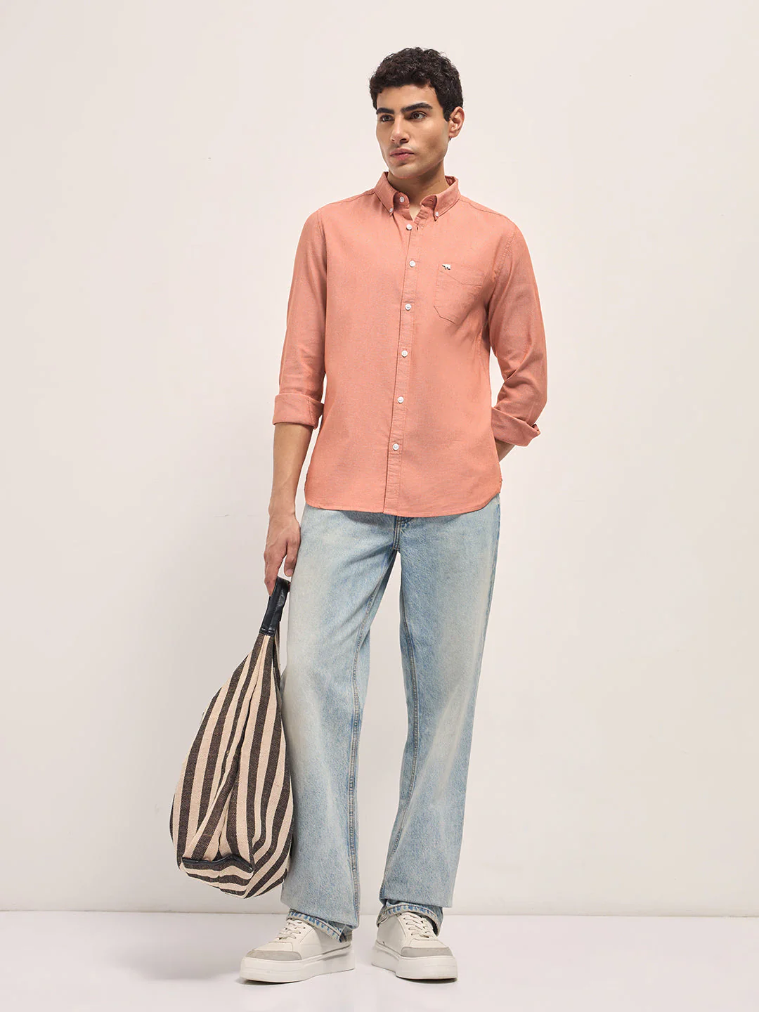 Men Orange Solid Cotton Blend Slim Fit Casual Shirt - Image 4