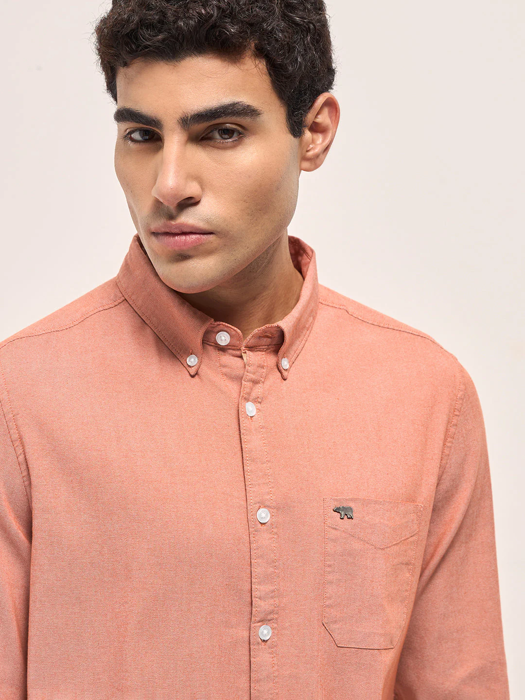 Men Orange Solid Cotton Blend Slim Fit Casual Shirt - Image 5