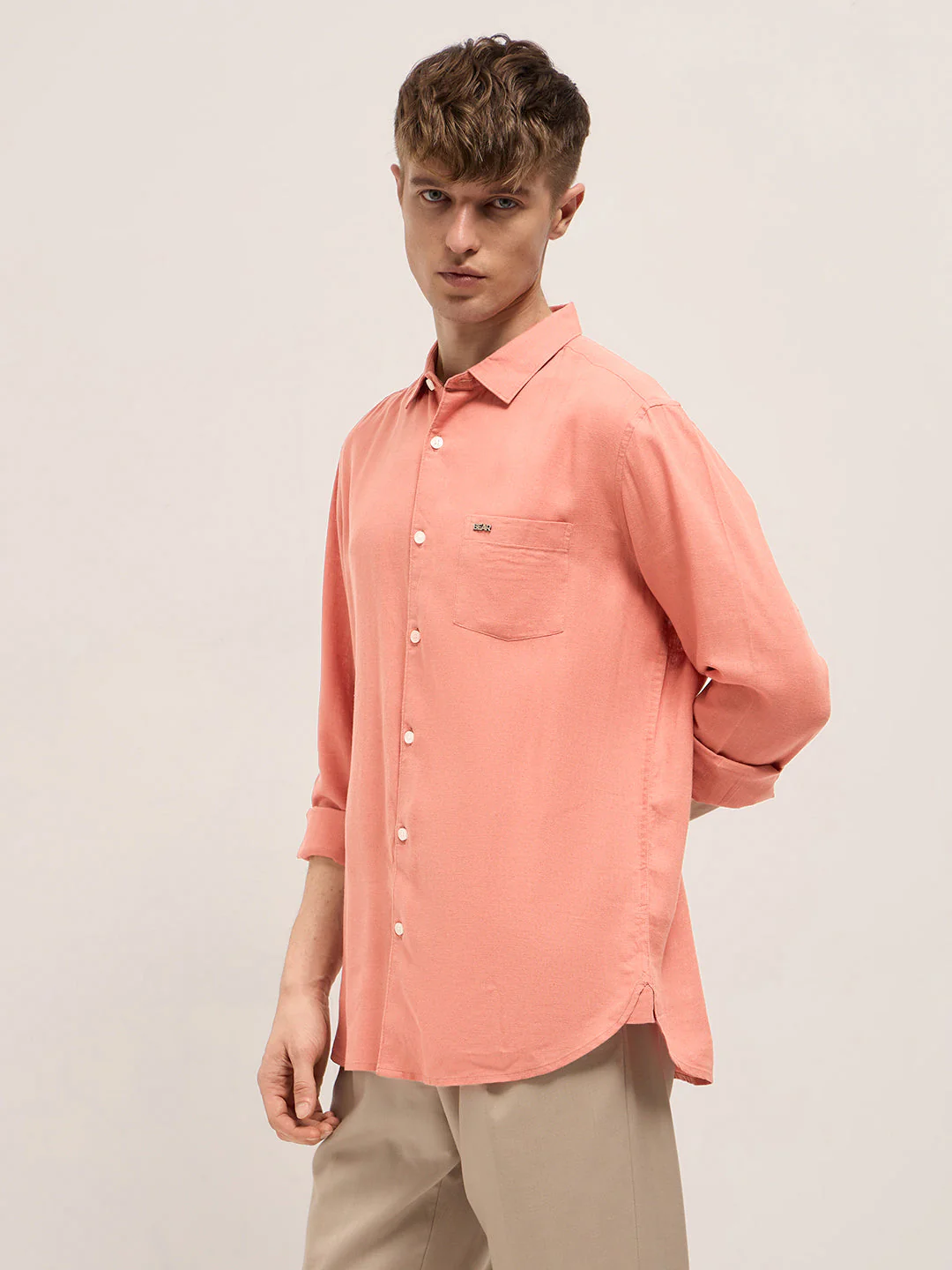 Men Orange Solid Lyocell Slim Fit Casual Shirt - Image 3