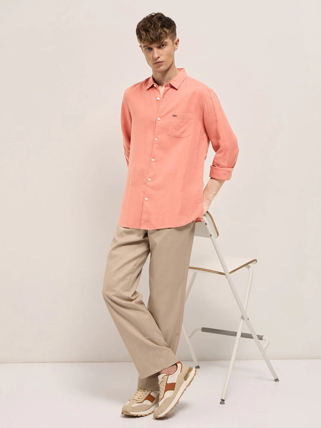 Men Orange Solid Lyocell Slim Fit Casual Shirt - Image 4