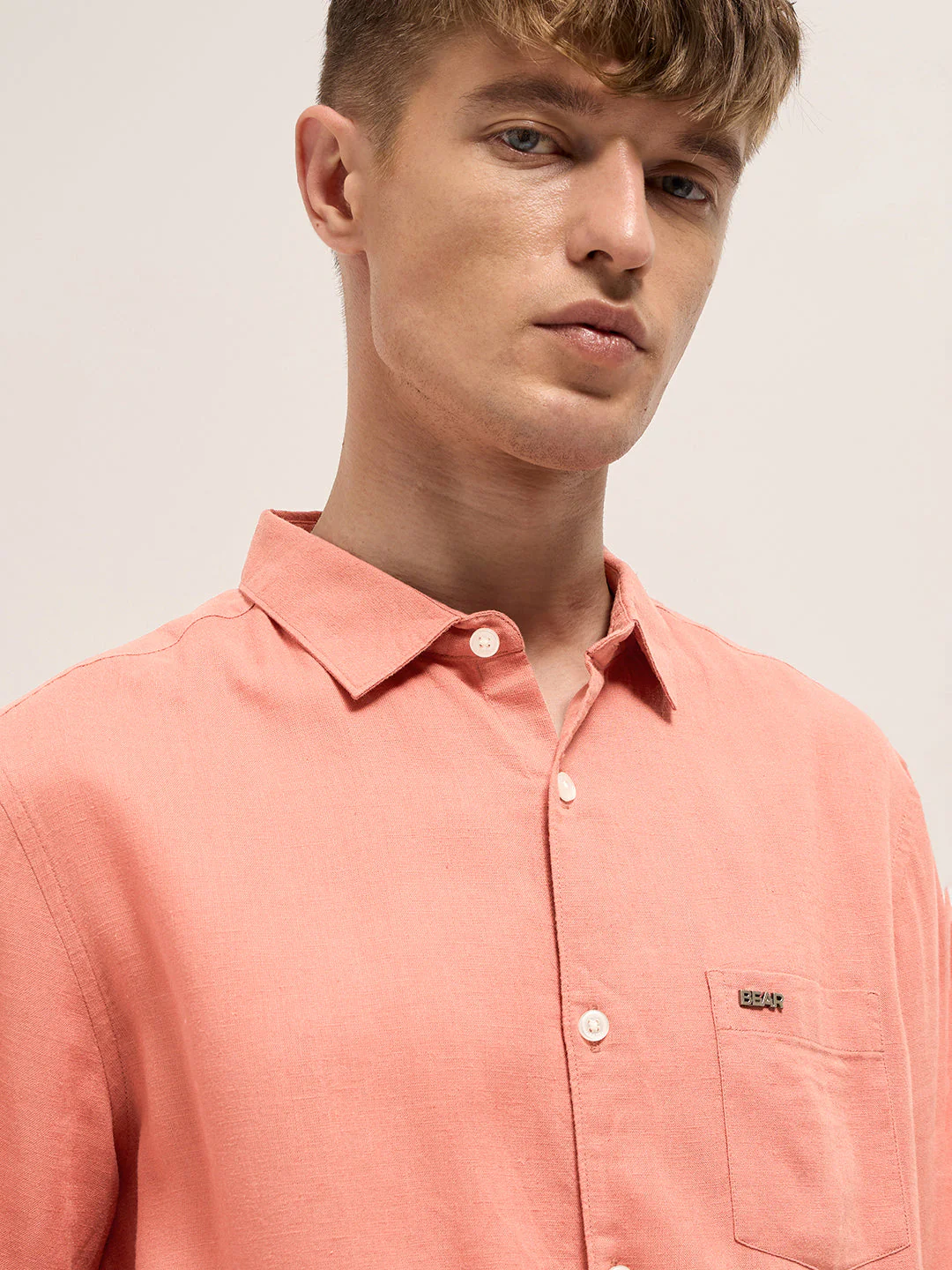 Men Orange Solid Lyocell Slim Fit Casual Shirt - Image 5