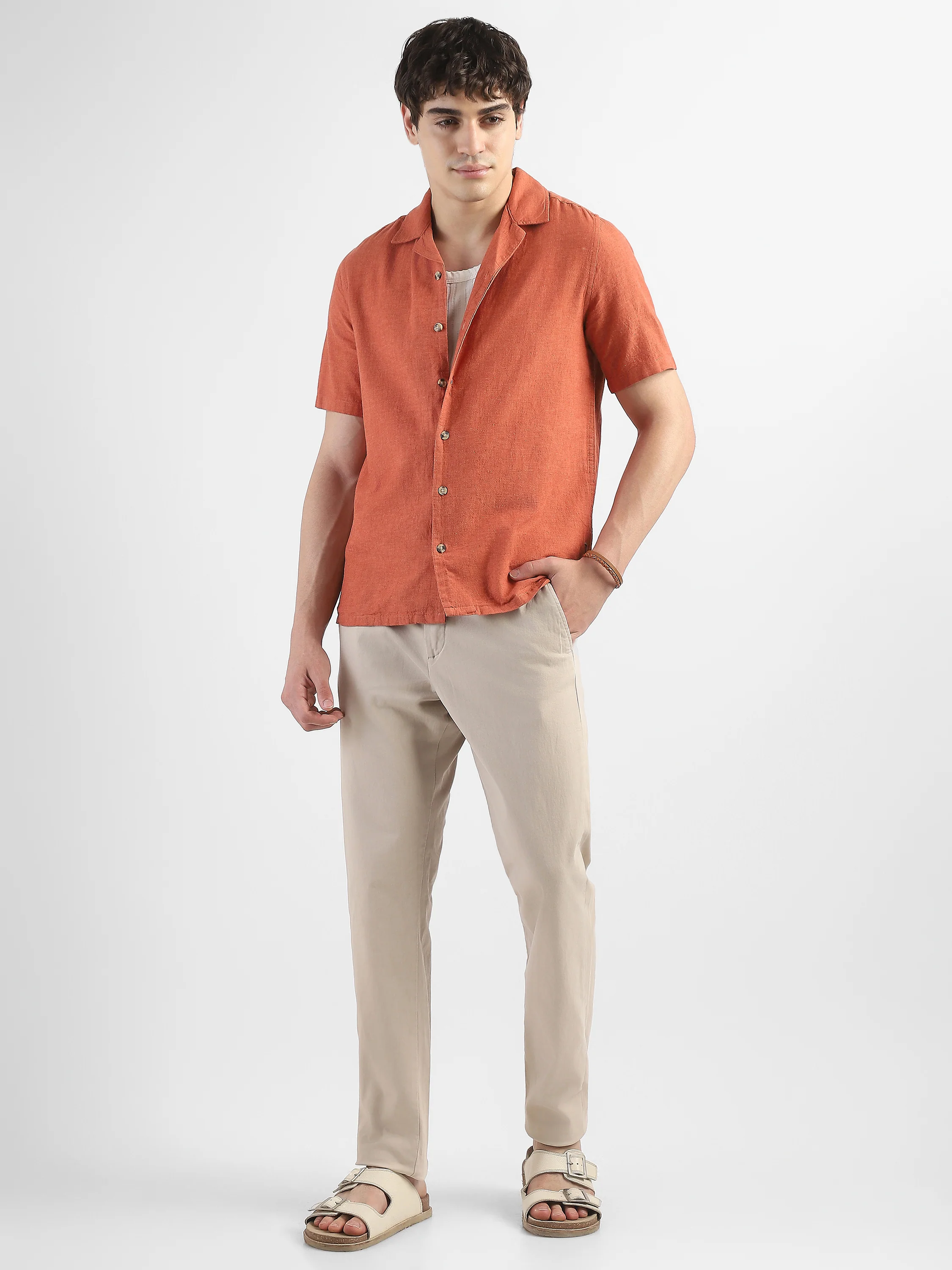 Men Orange Spread Collar Cotton Blend Shirt - Image 3