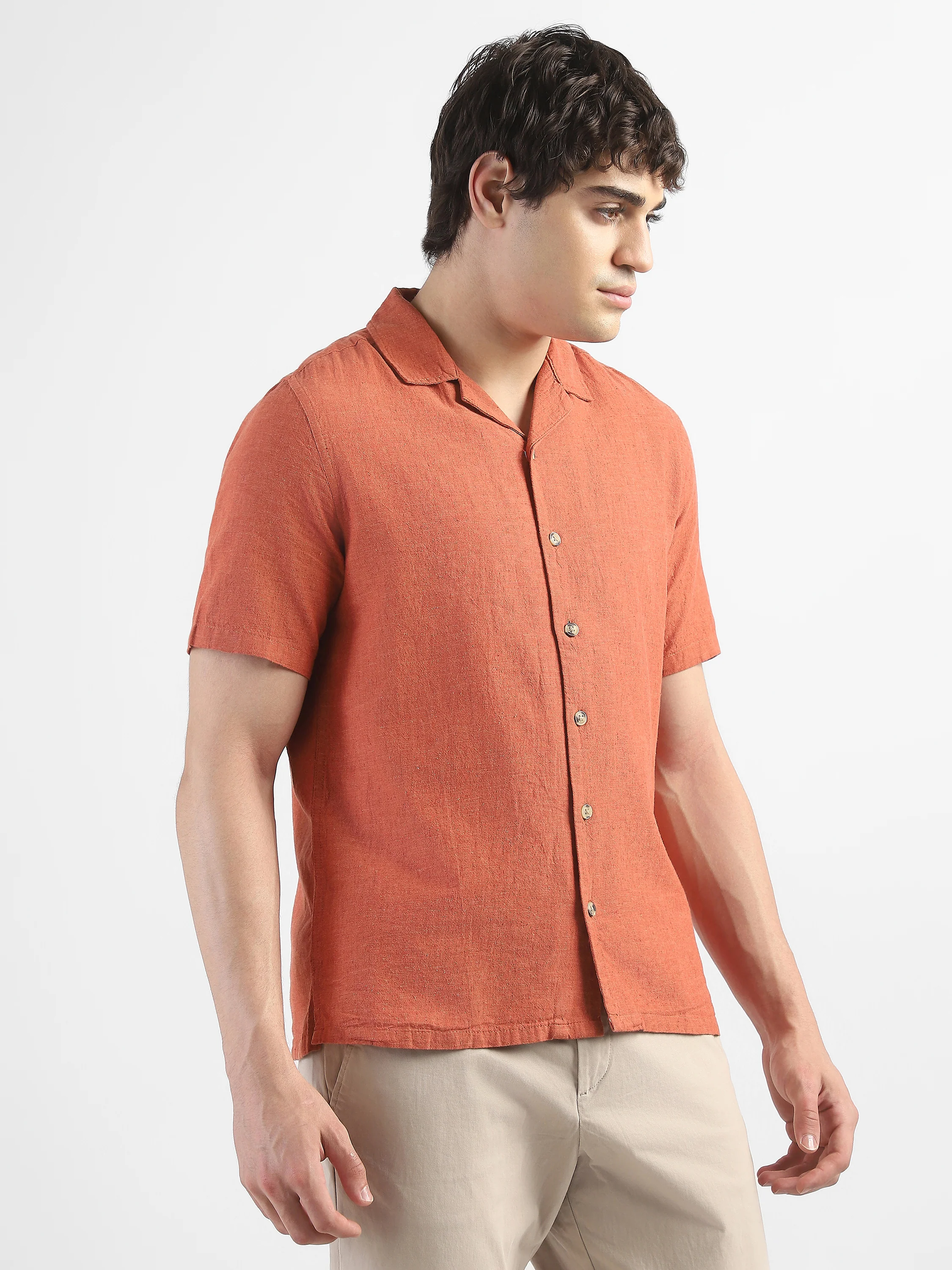 Men Orange Spread Collar Cotton Blend Shirt - Image 4