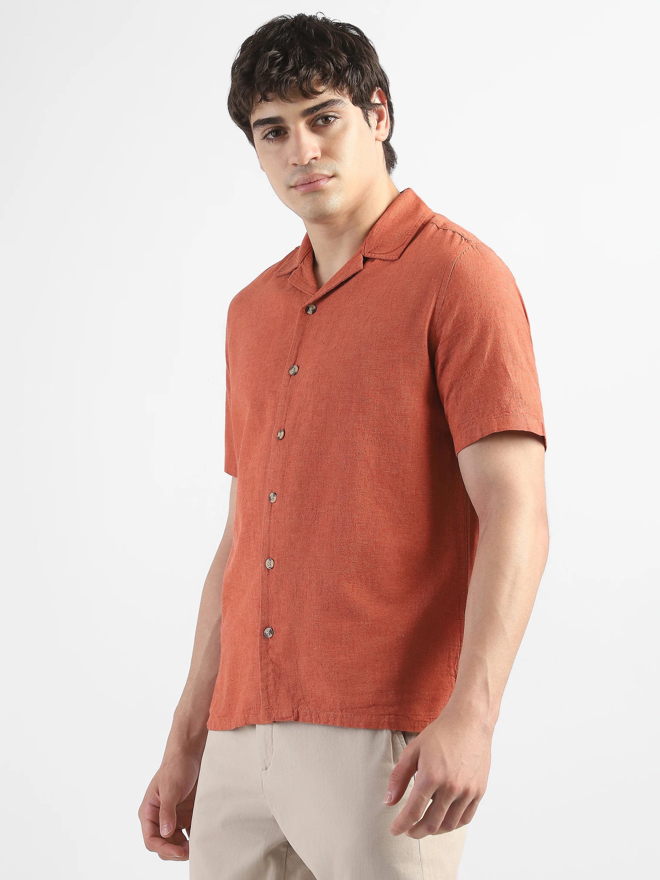 Men Orange Spread Collar Cotton Blend Shirt - Image 5