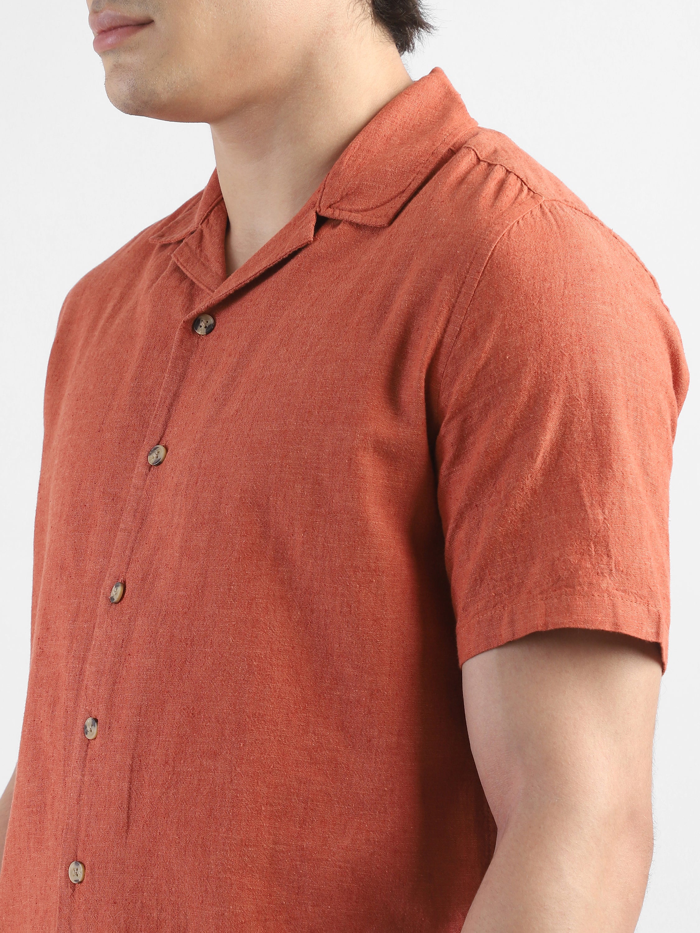 Men Orange Spread Collar Cotton Blend Shirt - Image 6