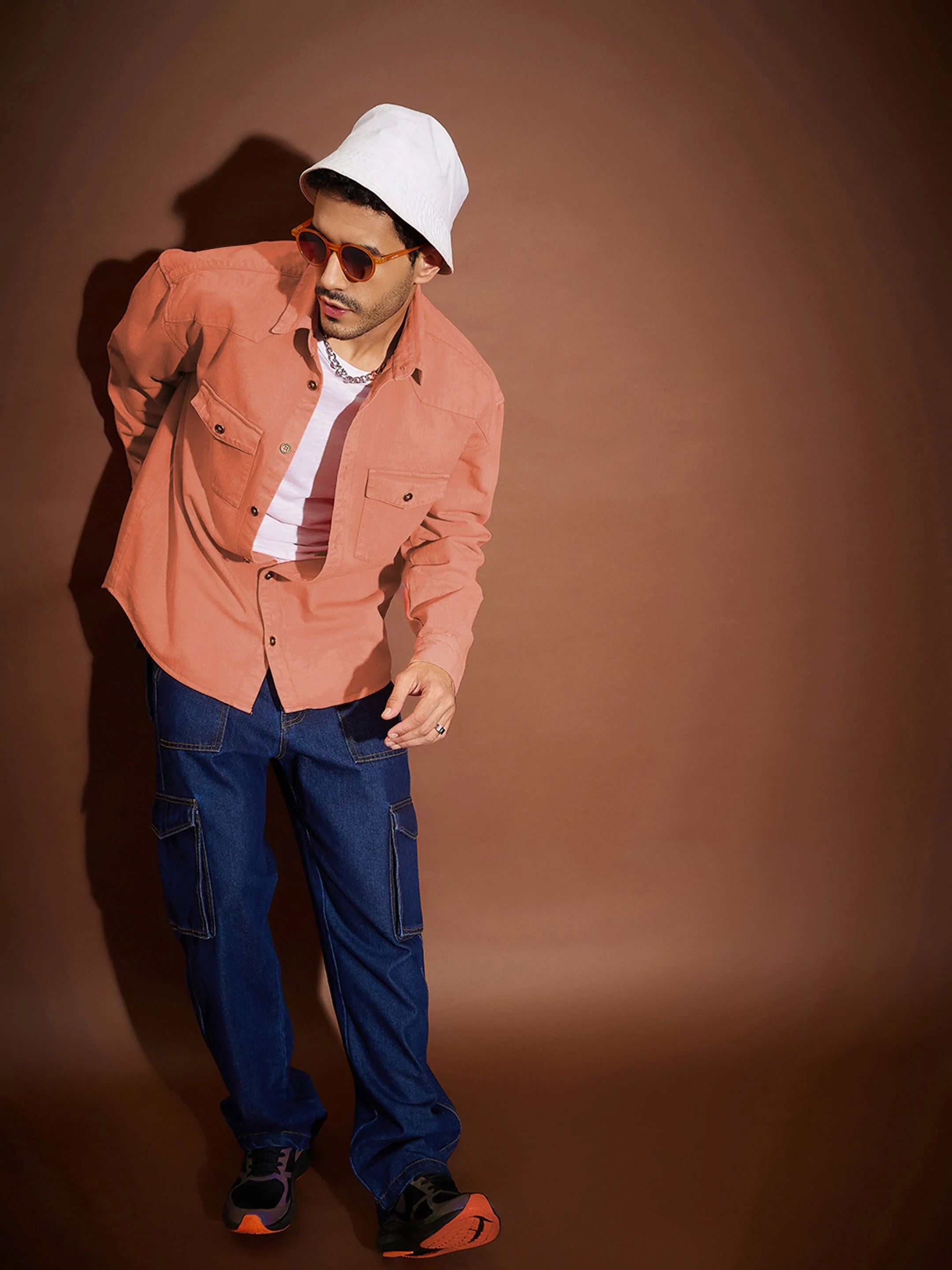 Men Orange Washed Denim Oversized Shirt - Image 2