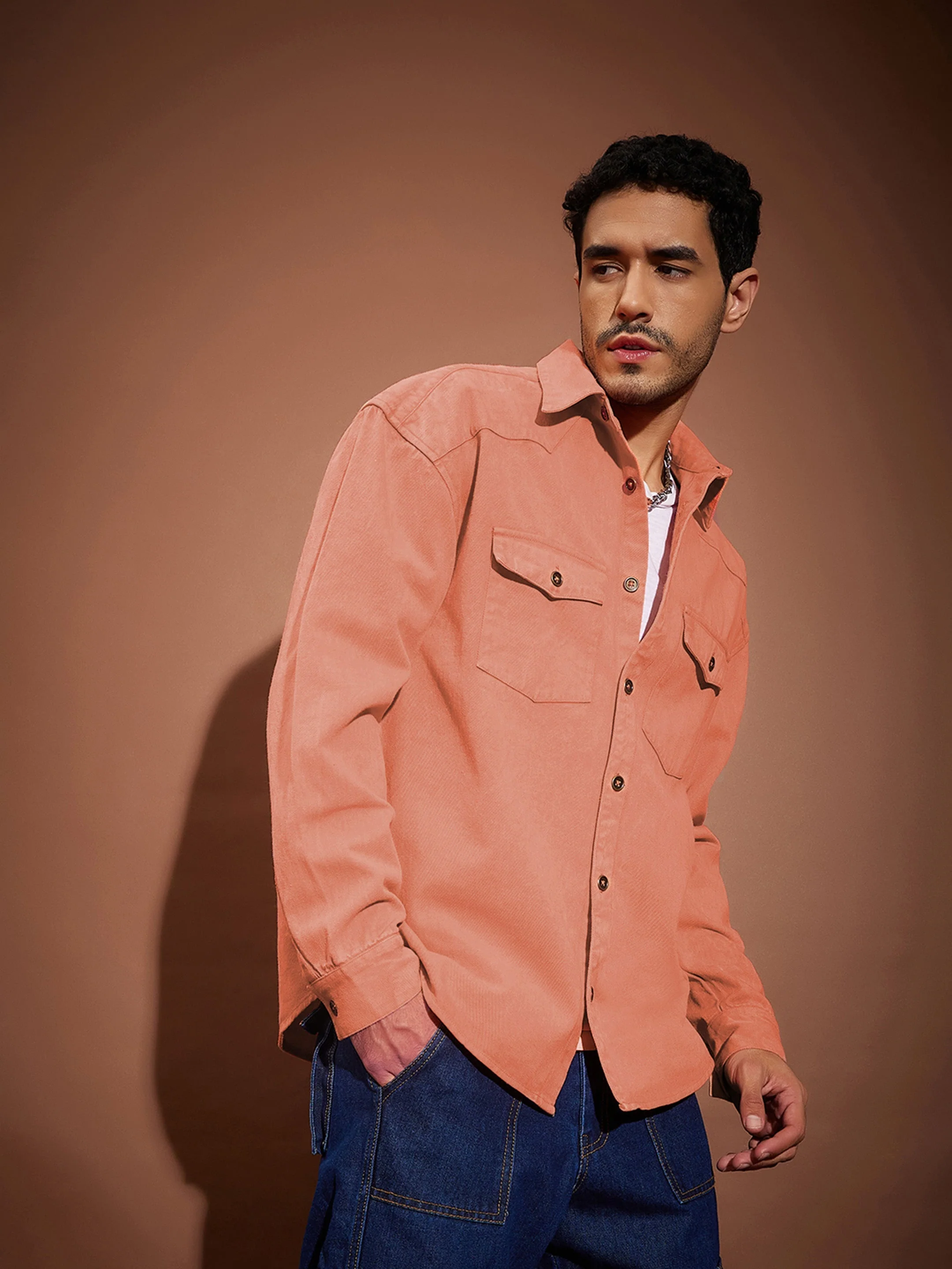 Men Orange Washed Denim Oversized Shirt - Image 3