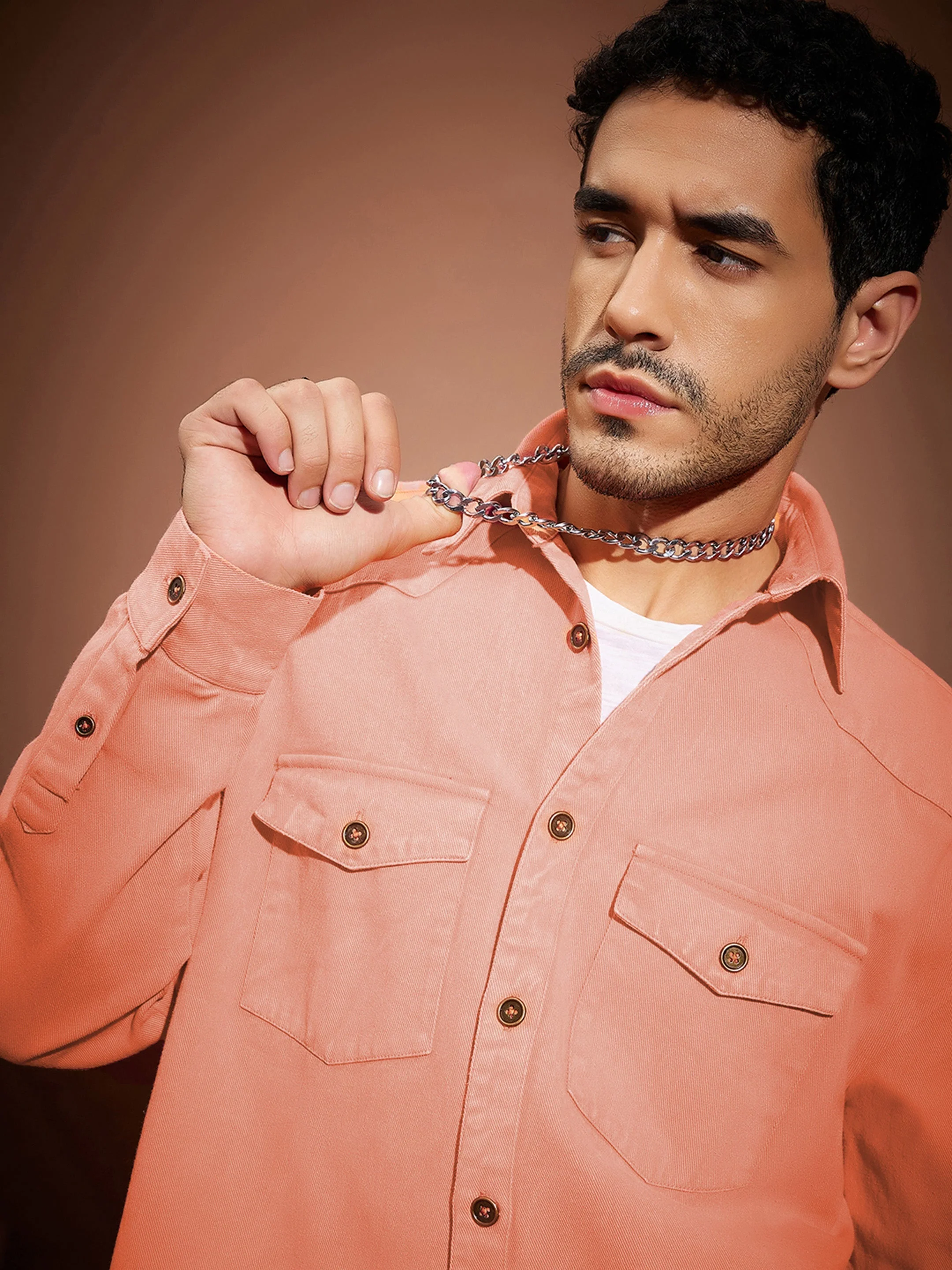 Men Orange Washed Denim Oversized Shirt - Image 4