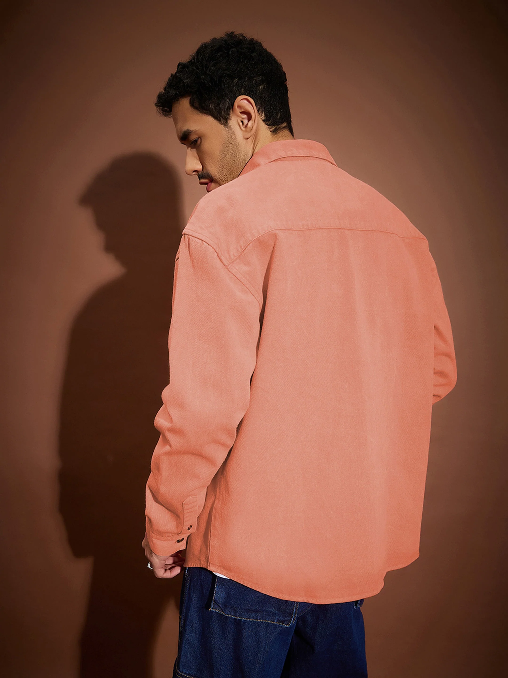 Men Orange Washed Denim Oversized Shirt - Image 5