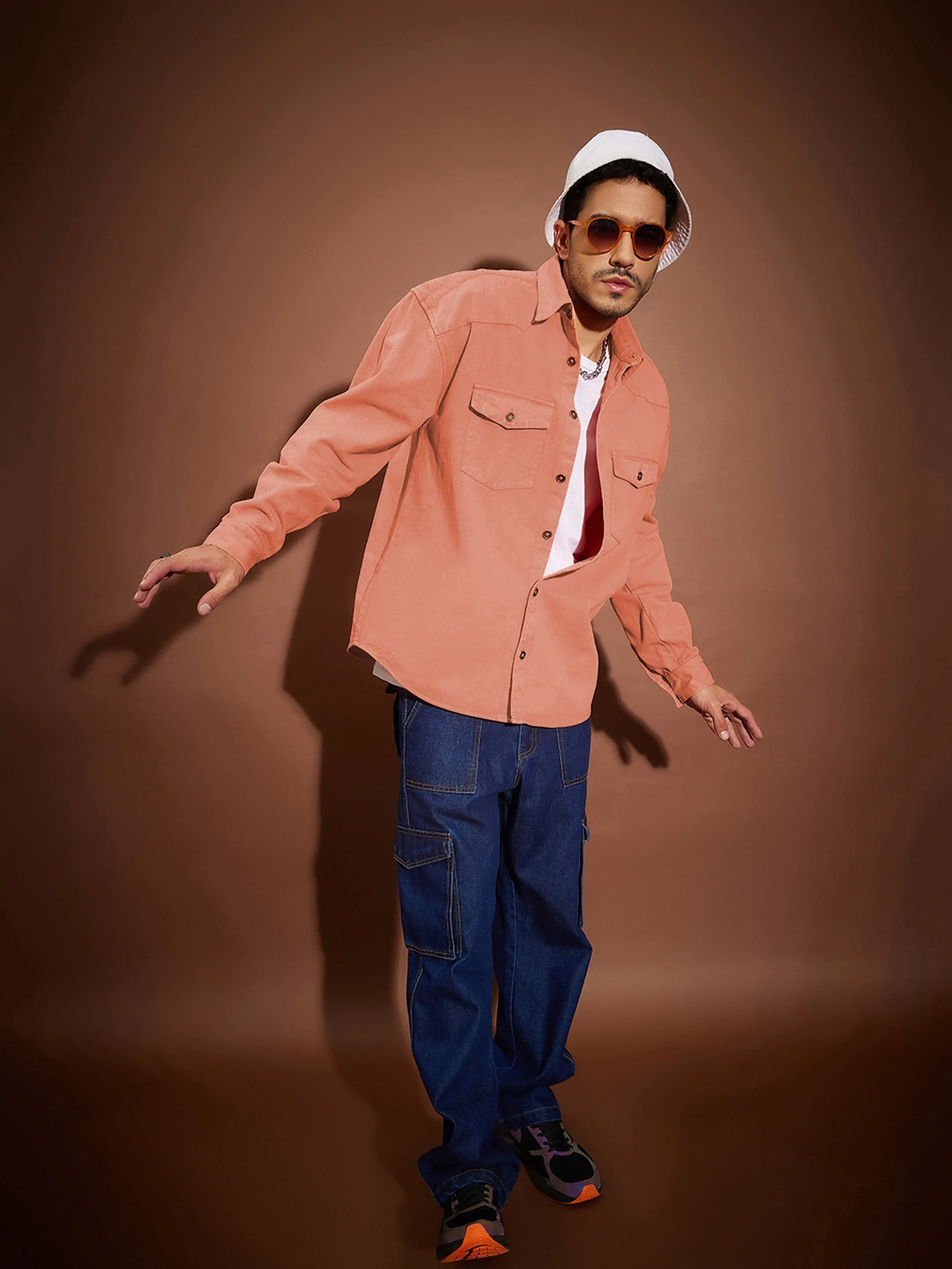 Men Orange Washed Denim Oversized Shirt - Image 6