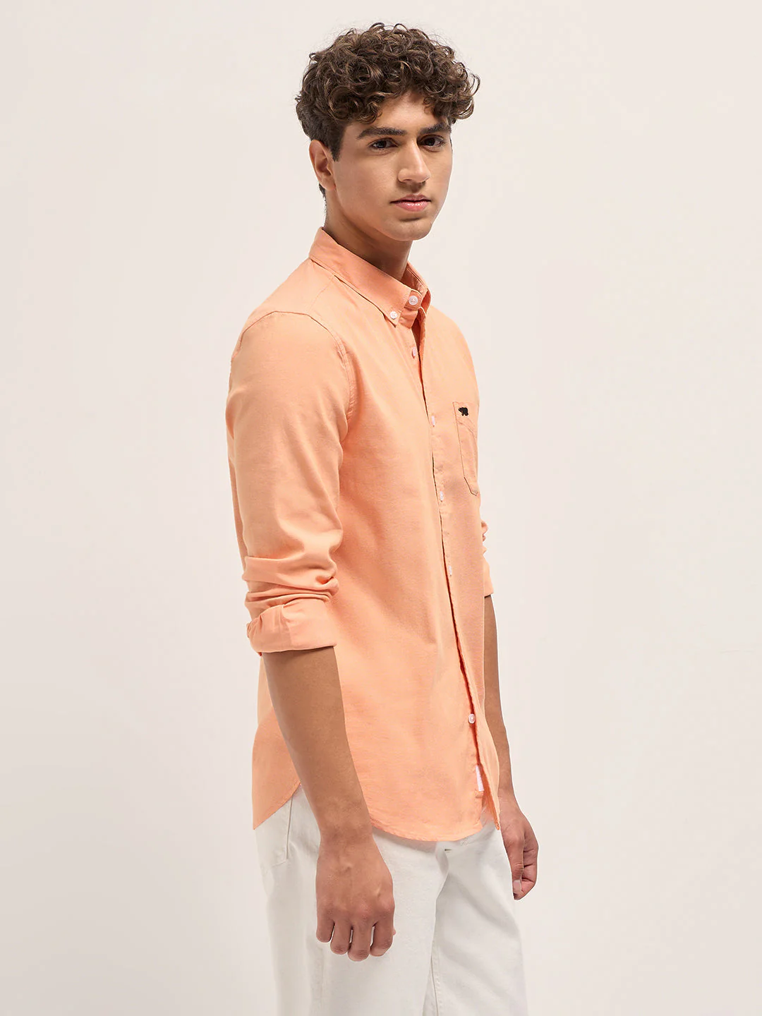 Men OrangeSolid Cotton Blend Slim Fit Casual Shirt - Image 3
