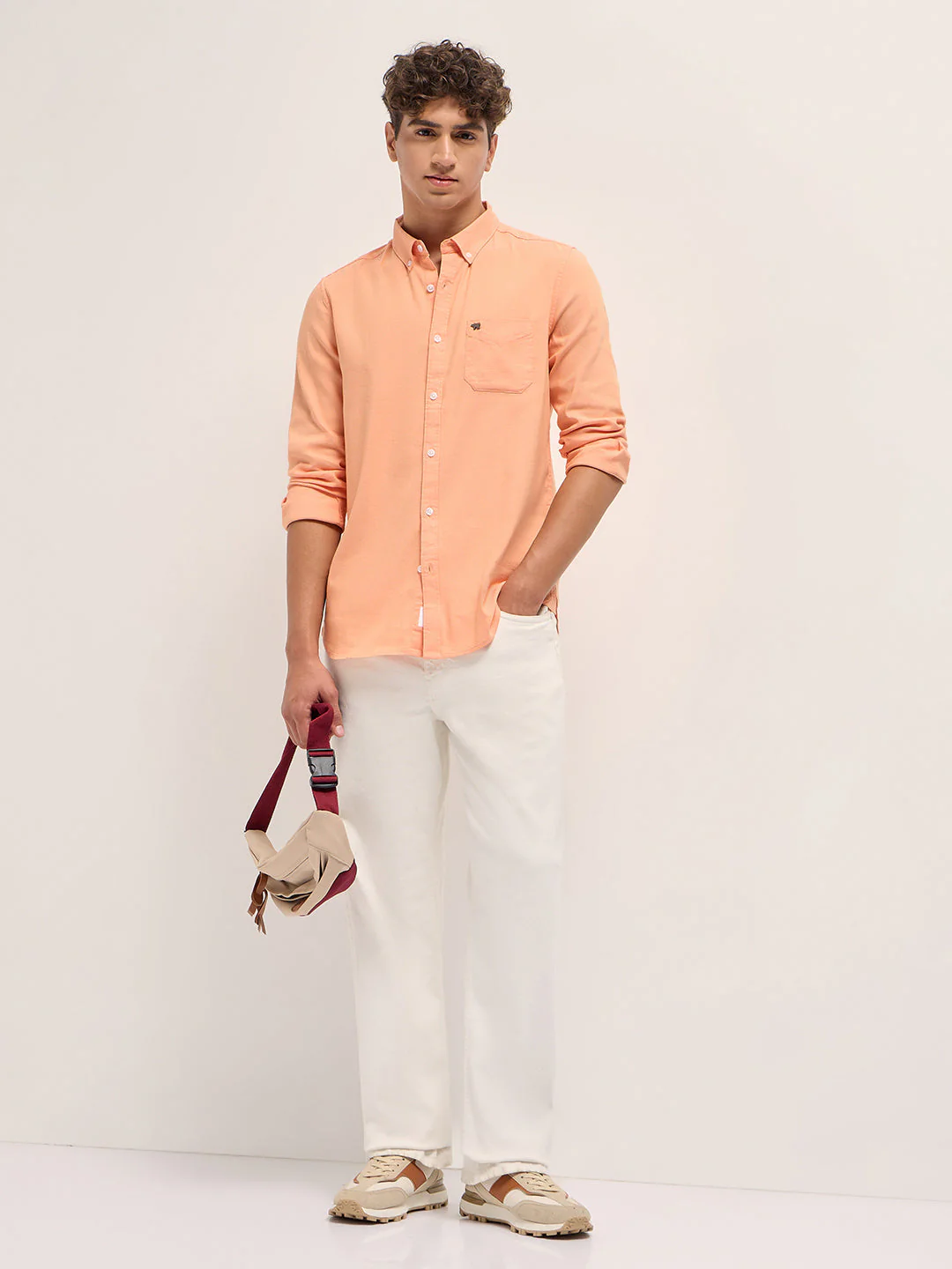 Men OrangeSolid Cotton Blend Slim Fit Casual Shirt - Image 4