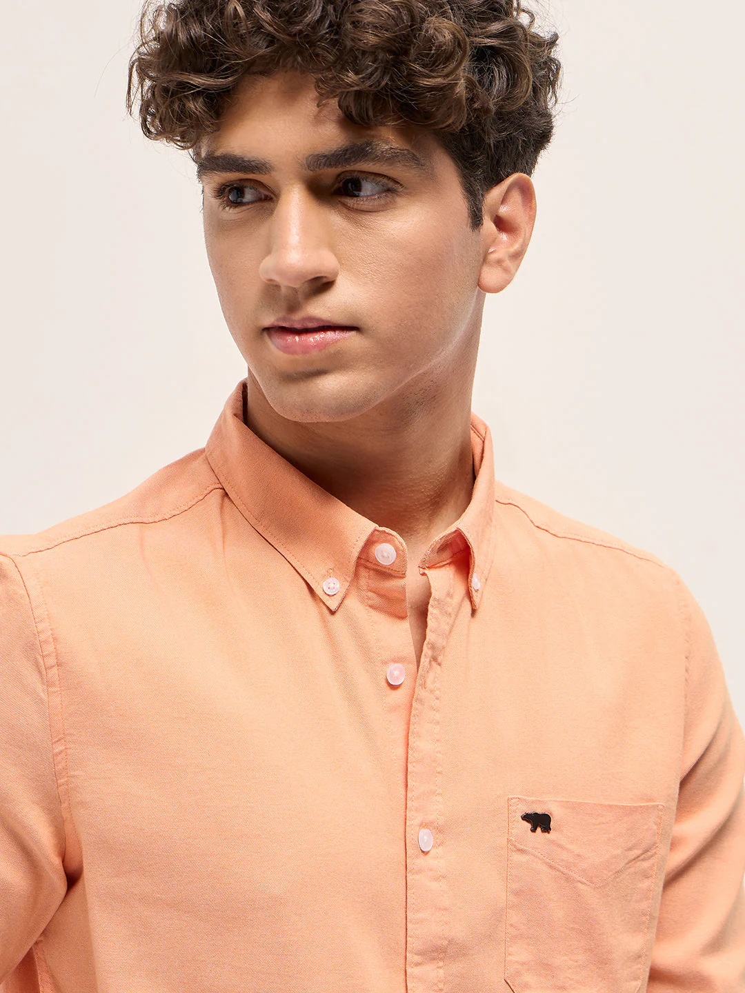 Men OrangeSolid Cotton Blend Slim Fit Casual Shirt - Image 5