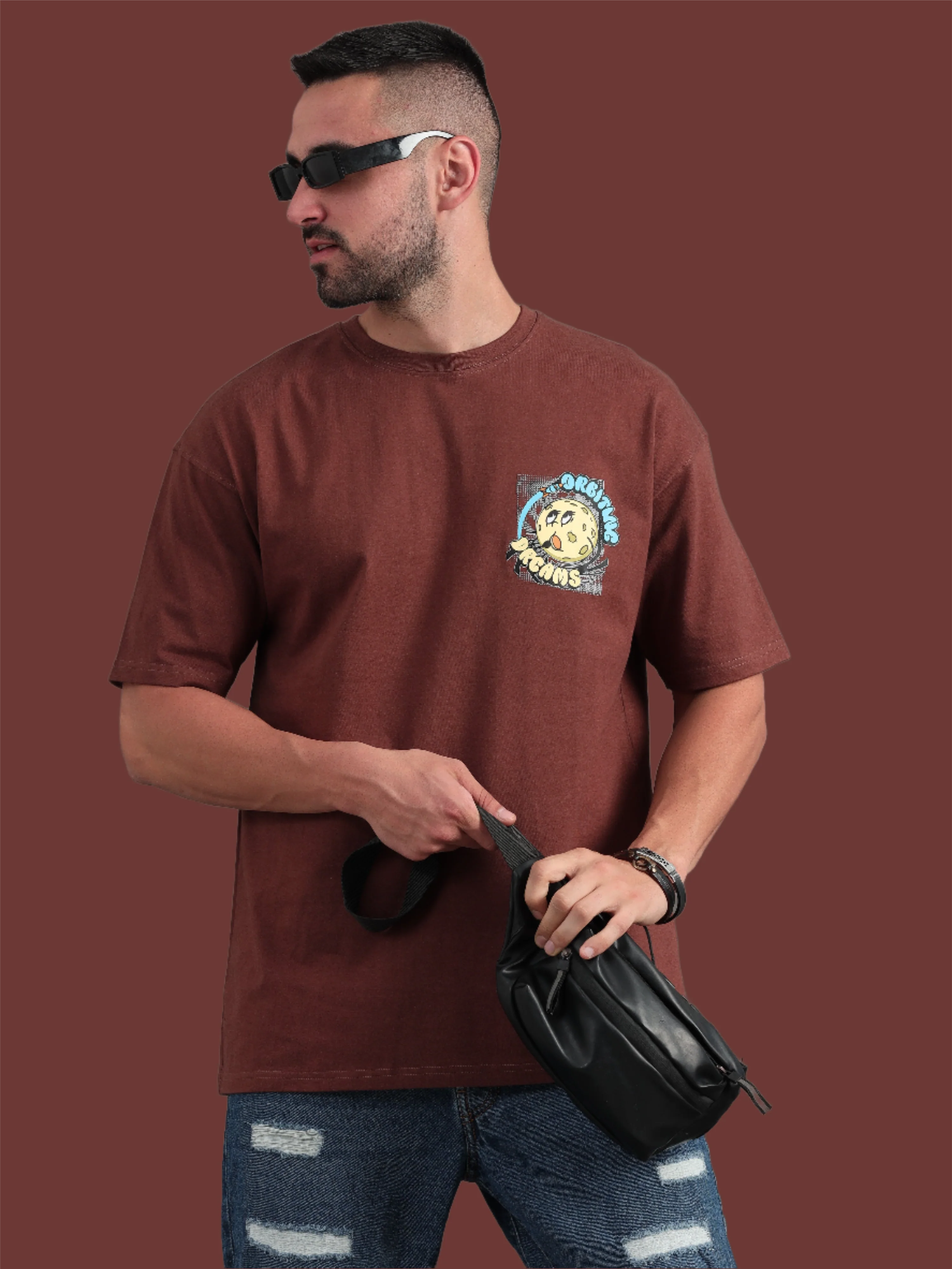 Men Orbiting Dreams Brown Oversized T-Shirt