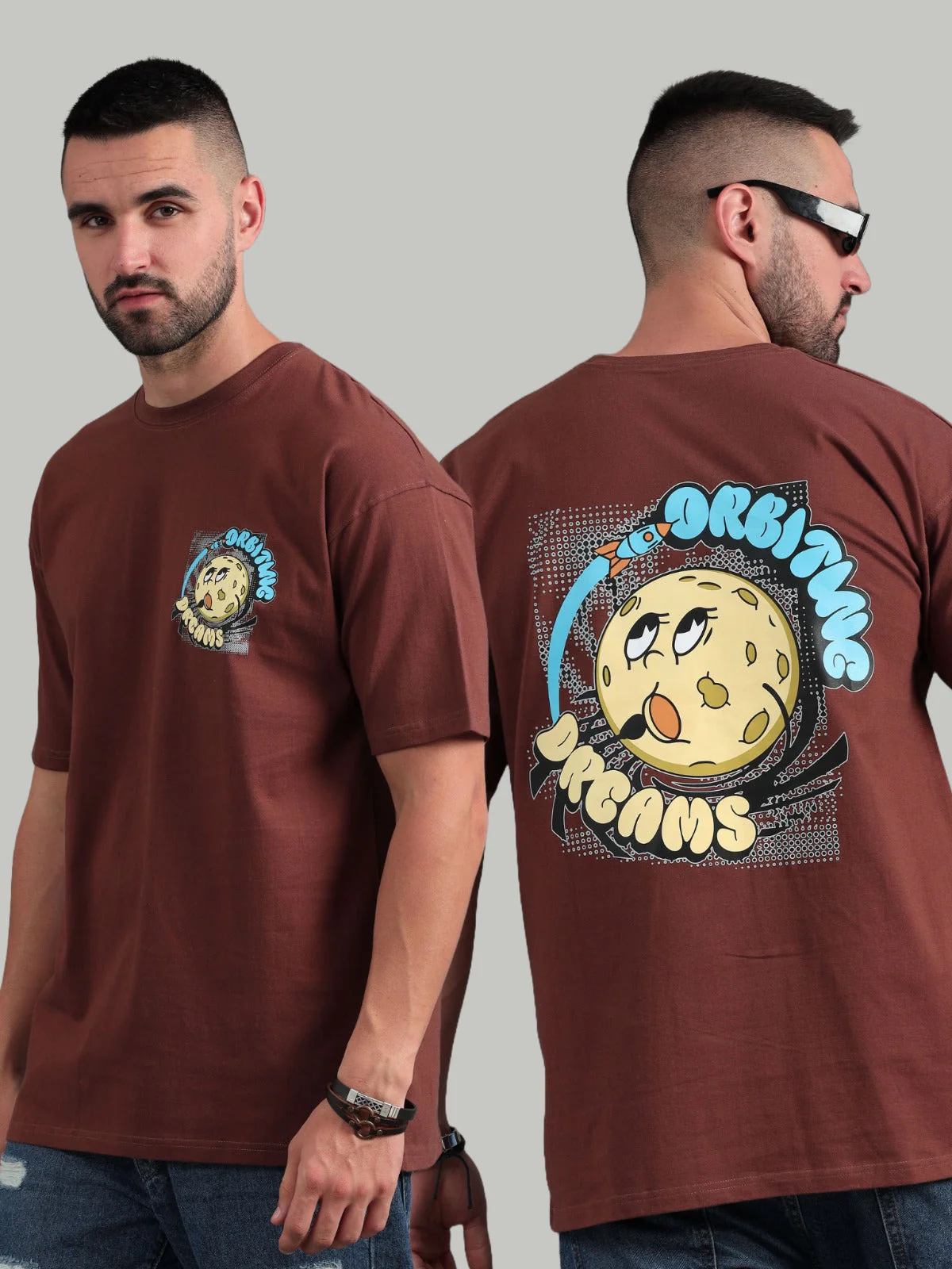 Men Orbiting Dreams Brown Oversized T-Shirt - Image 2