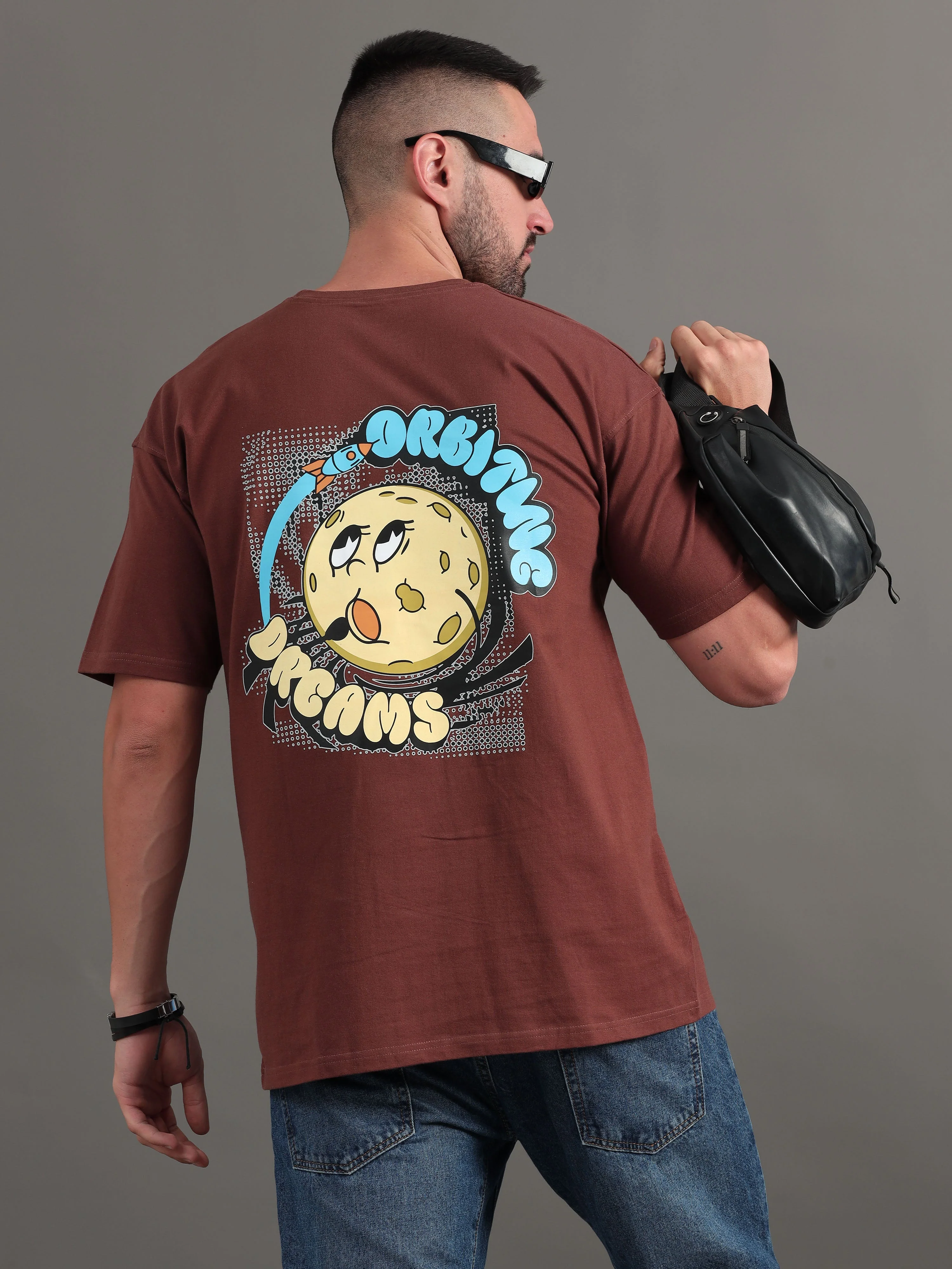 Men Orbiting Dreams Brown Oversized T-Shirt - Image 3