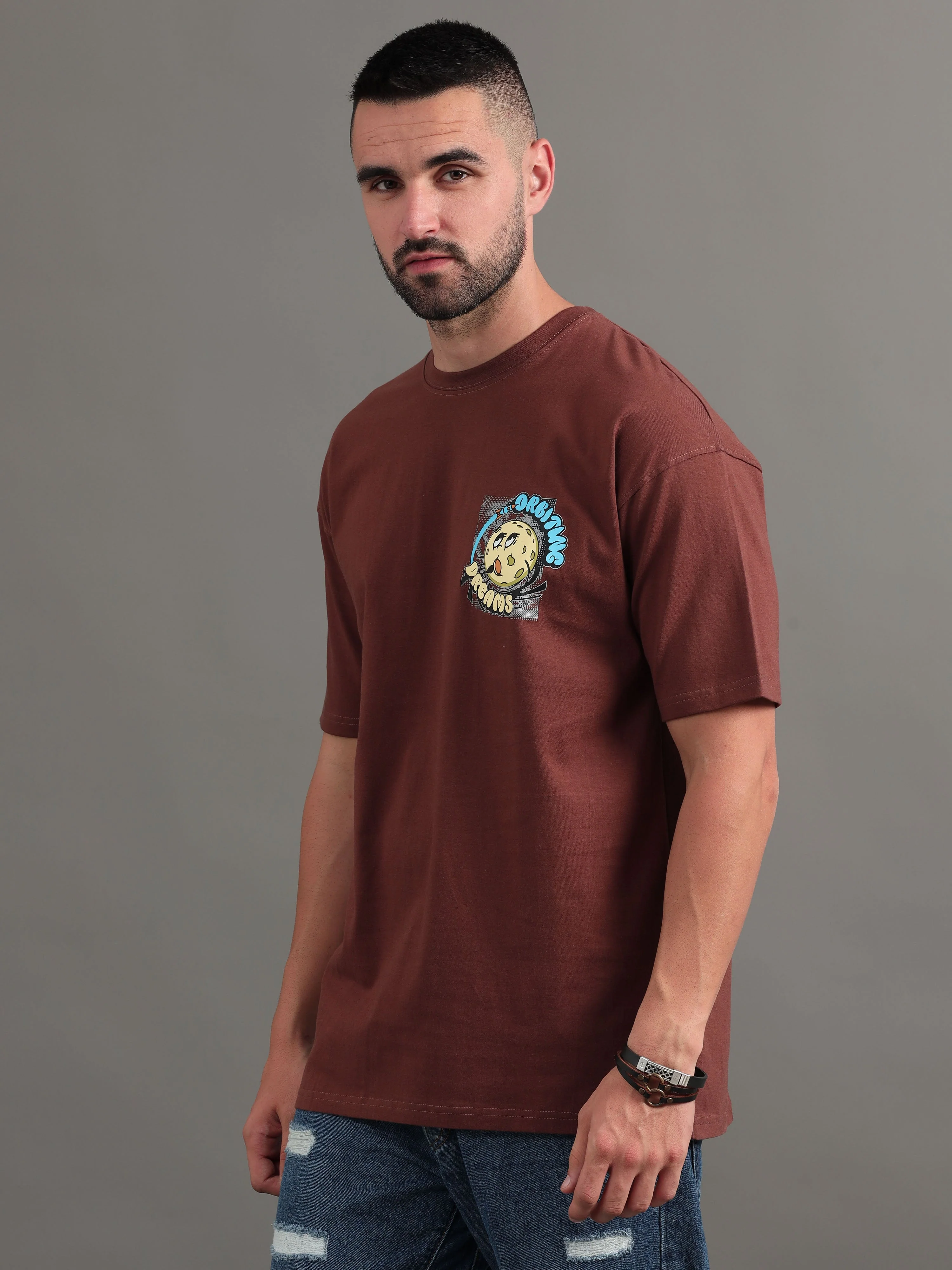 Men Orbiting Dreams Brown Oversized T-Shirt - Image 4