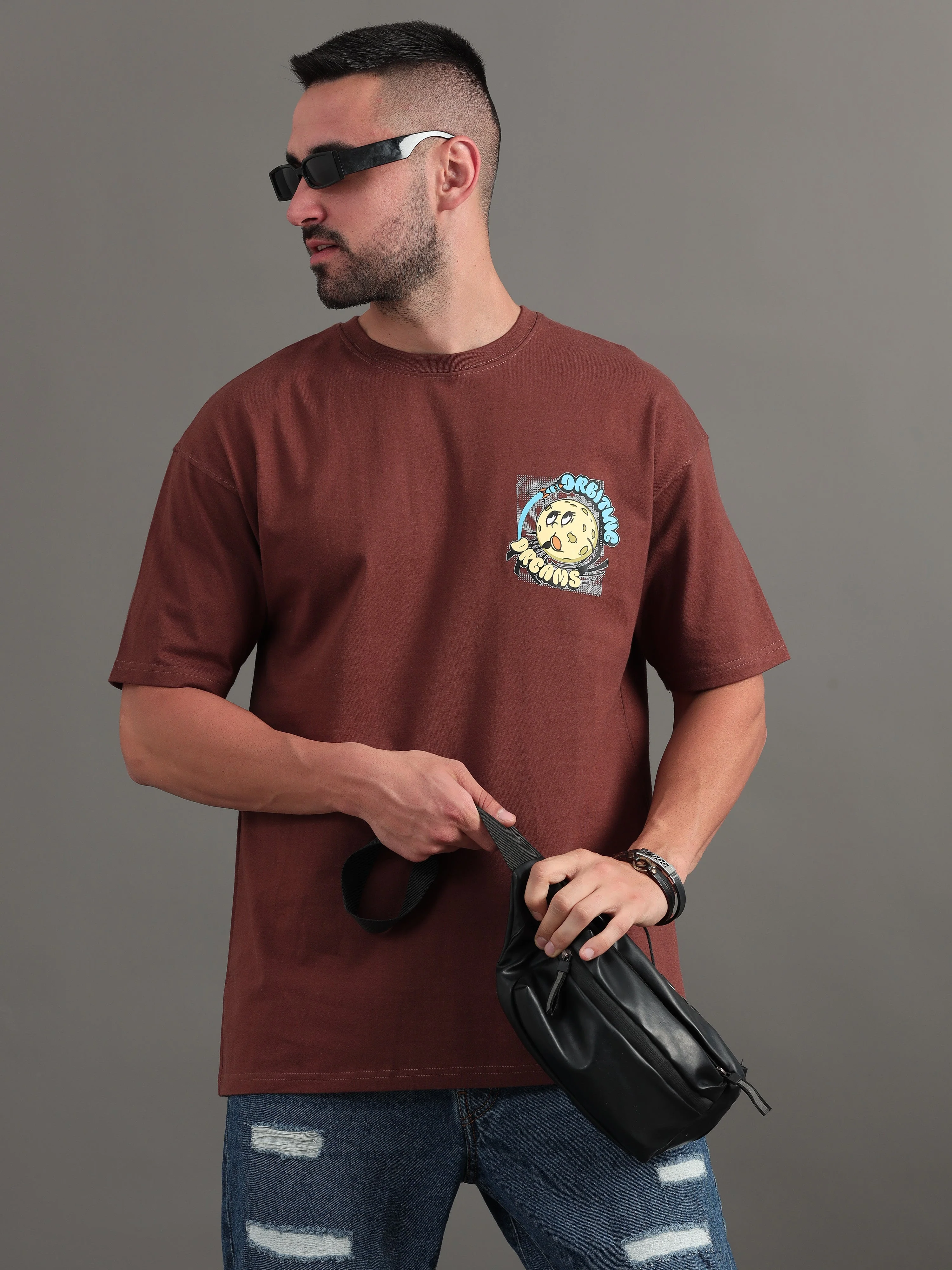 Men Orbiting Dreams Brown Oversized T-Shirt - Image 6