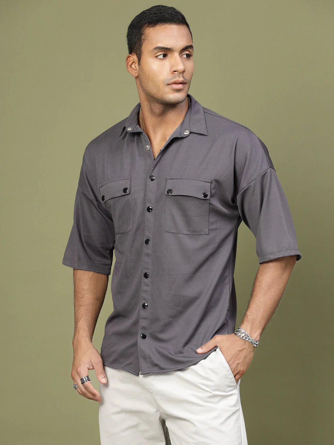 Men Oversized Utility Polyester Shirt - Image 3