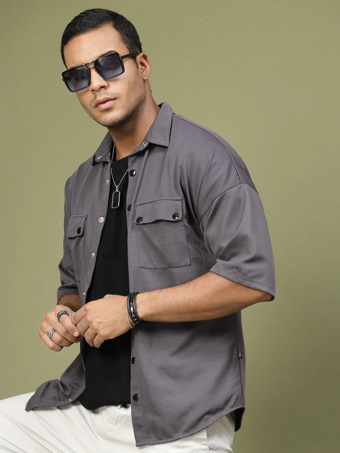 Men Oversized Utility Polyester Shirt - Image 3