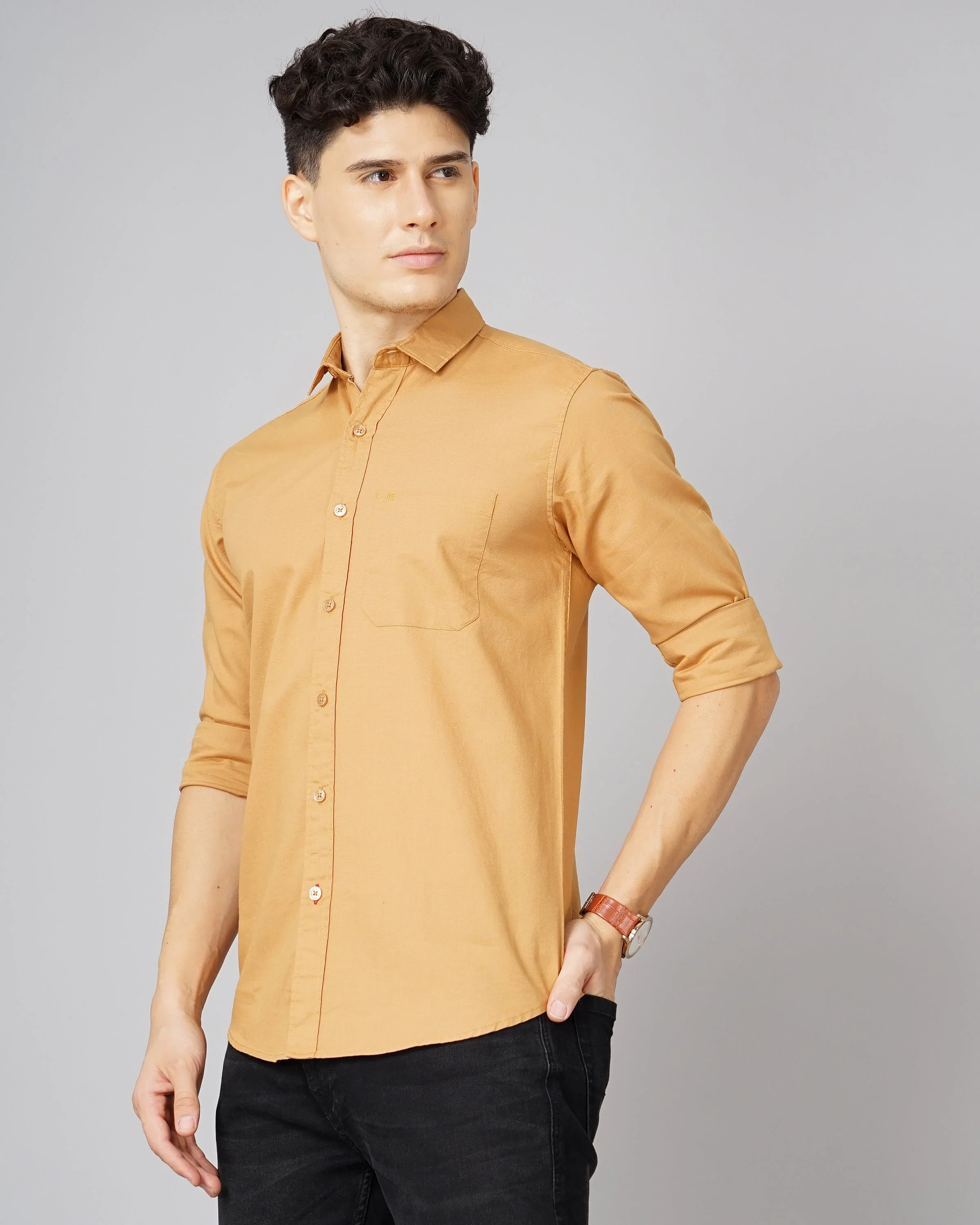 Men Oxford Brown Solid Shirt - Image 3