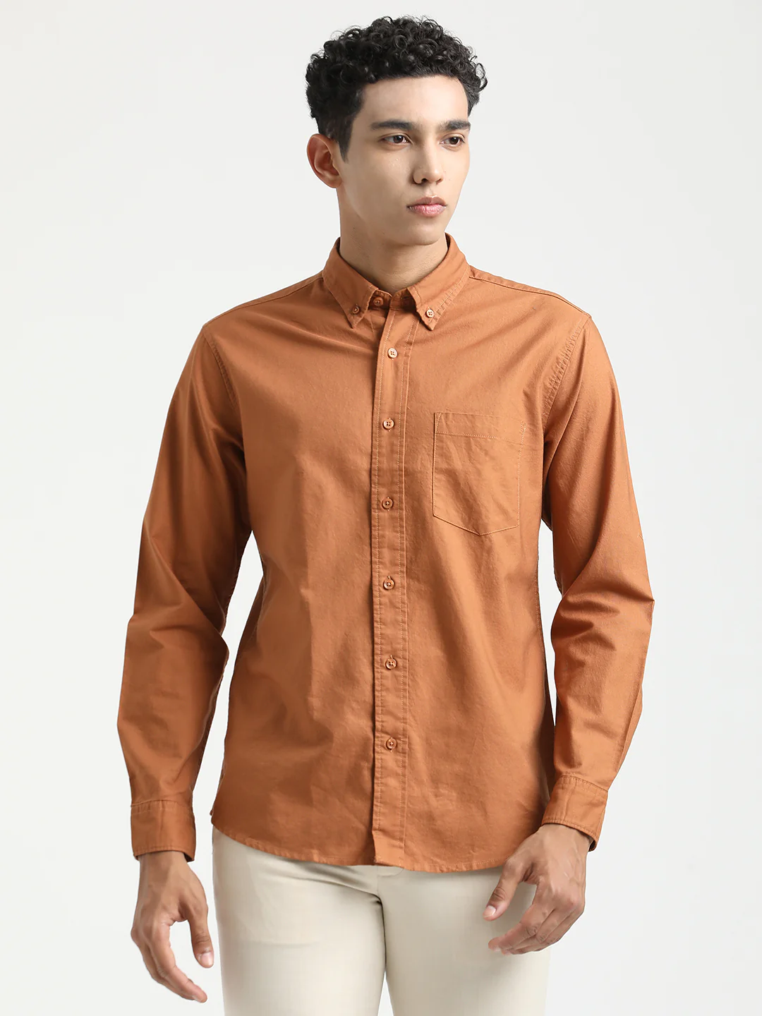 Men Oxford Cotton Shirt with Button-Down Collar