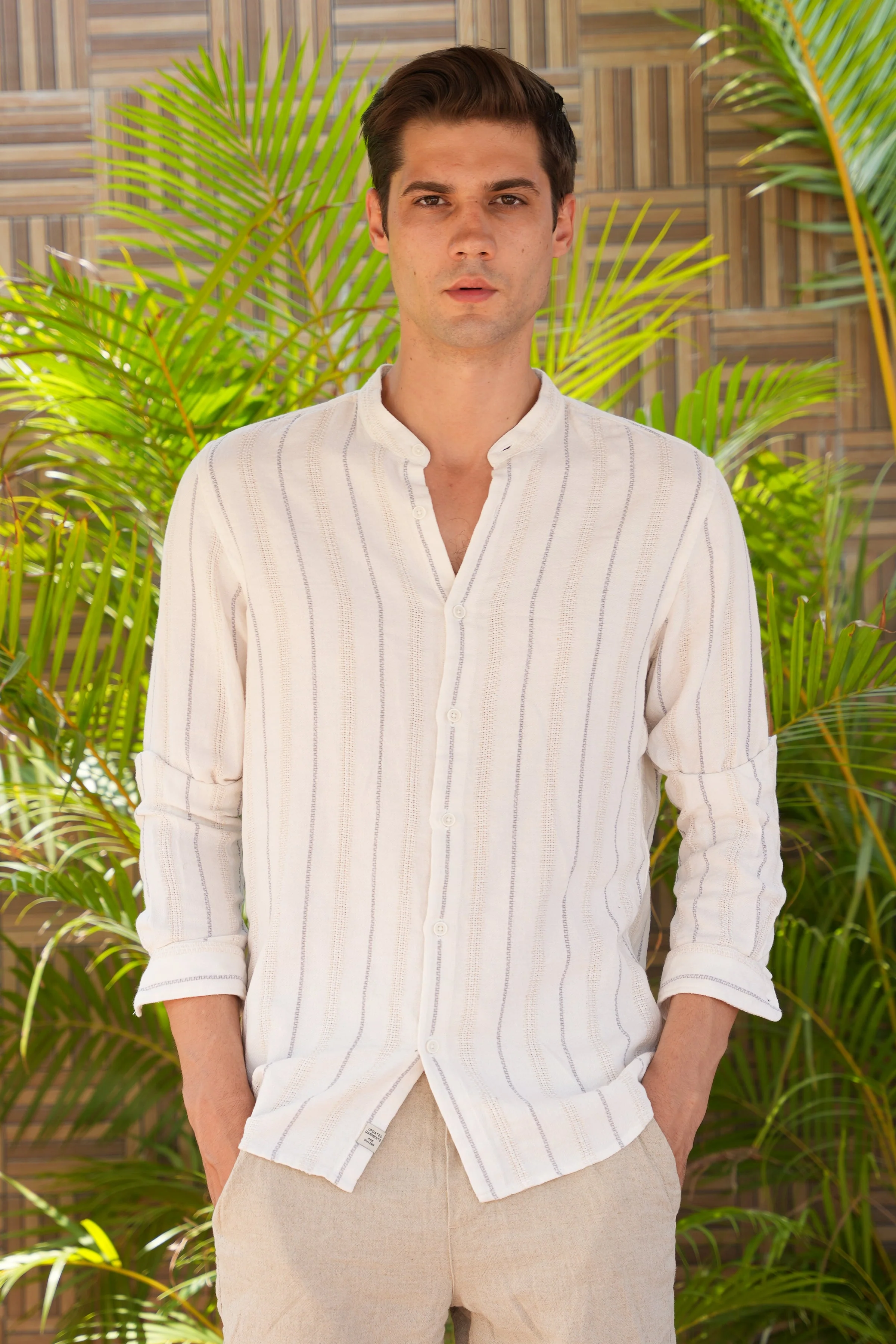 Men Panama Cream Cotton Viscose Striped Shirt - Image 3