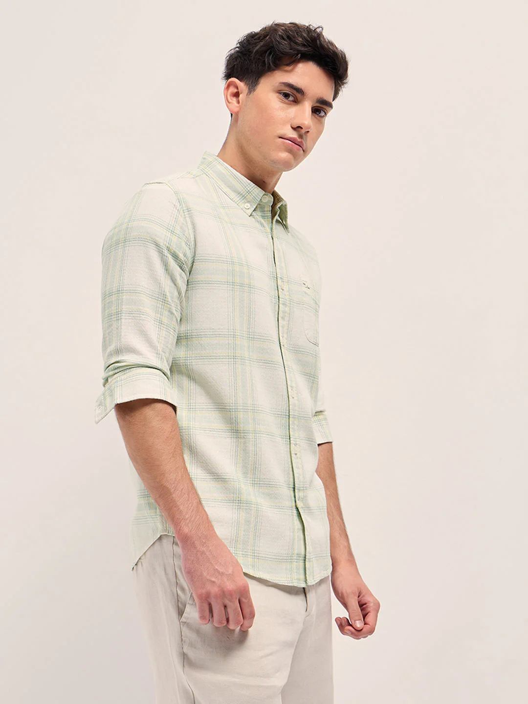 Men Pastel Green Checked Slim Fit Casual Shirt - Image 3