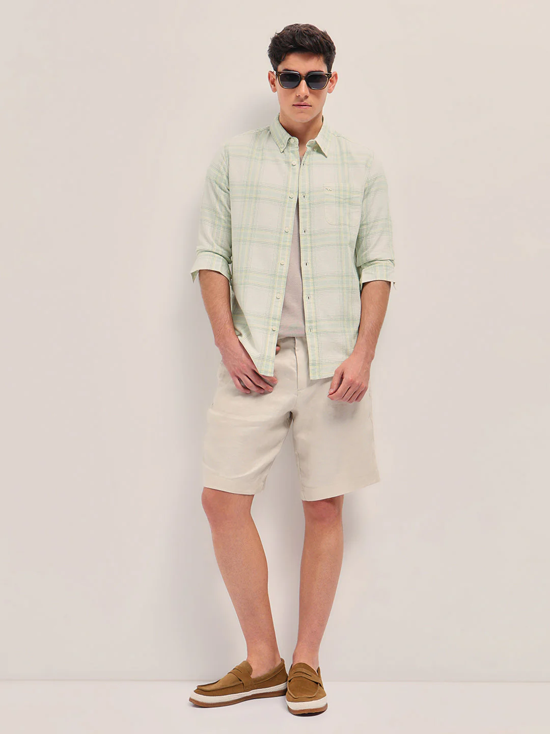 Men Pastel Green Checked Slim Fit Casual Shirt - Image 4