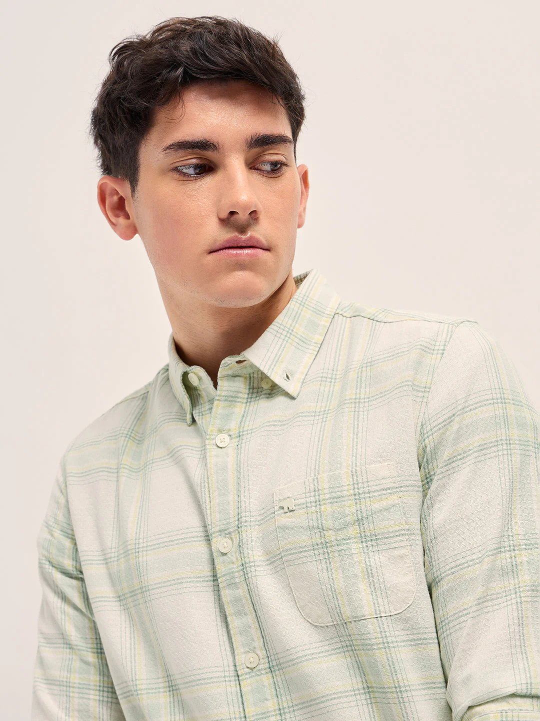 Men Pastel Green Checked Slim Fit Casual Shirt - Image 5