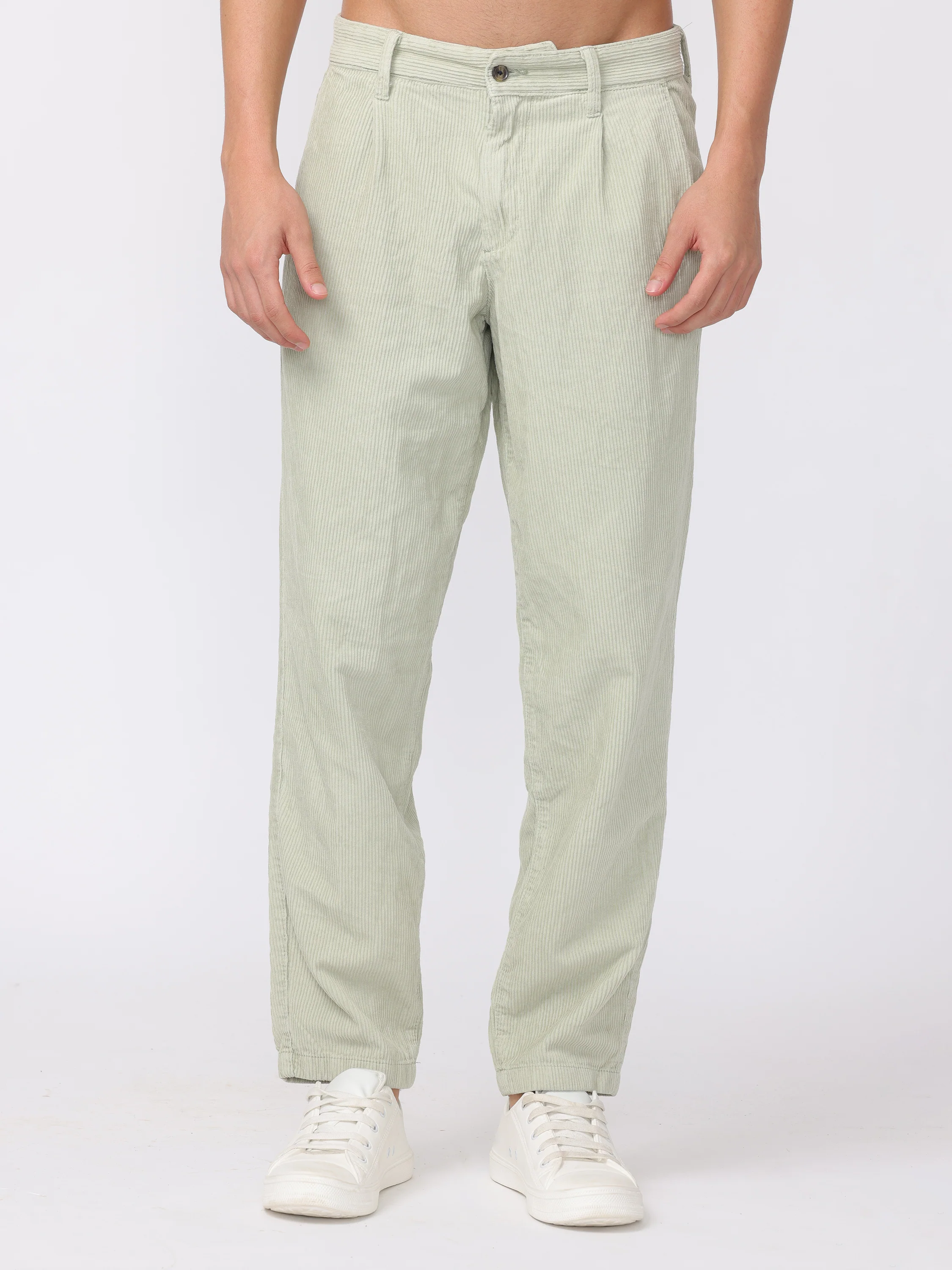 Men Pastel Green Regular Fit Corduroy Trousers - Image 3