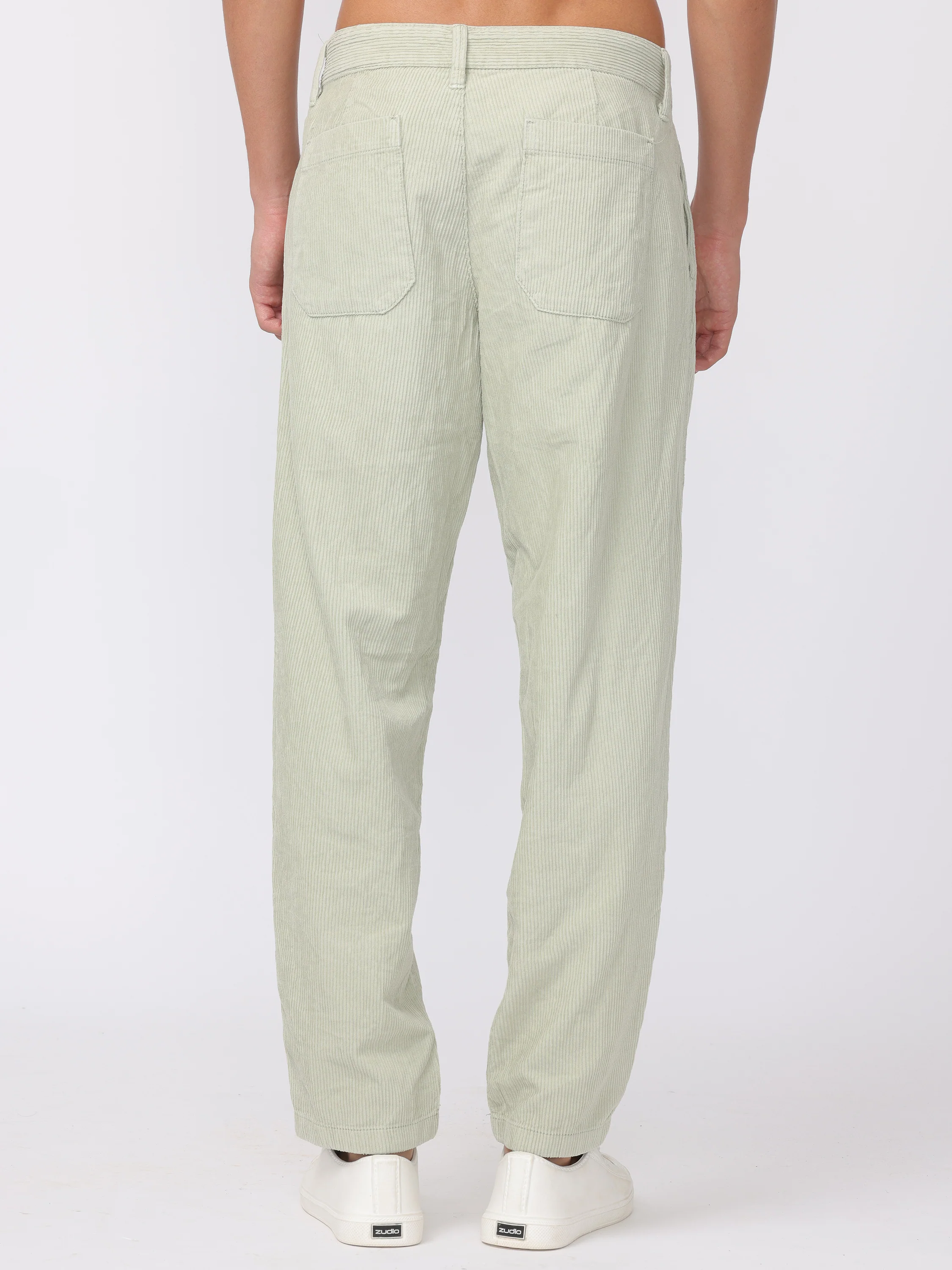 Men Pastel Green Regular Fit Corduroy Trousers - Image 4
