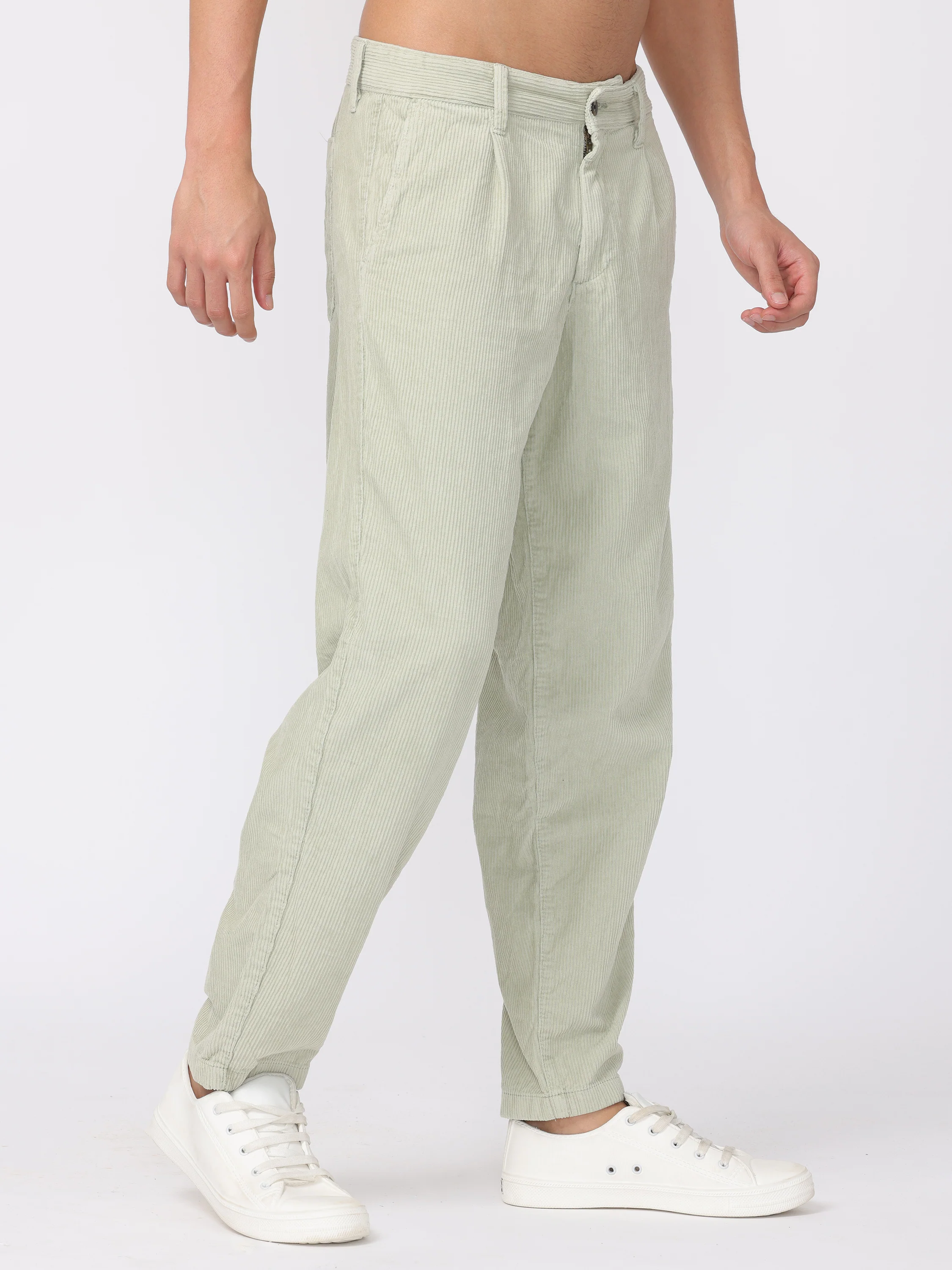 Men Pastel Green Regular Fit Corduroy Trousers - Image 5