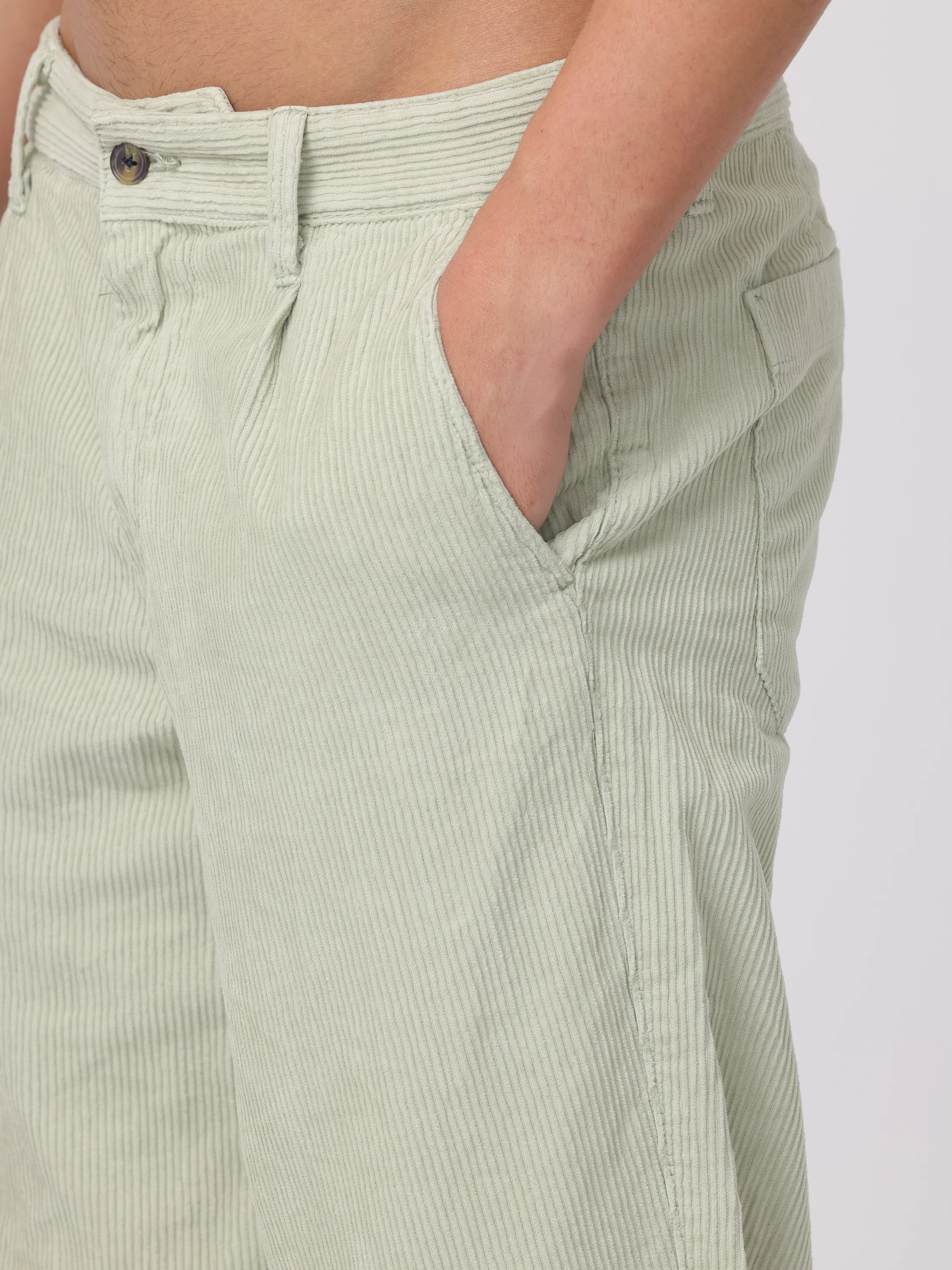 Men Pastel Green Regular Fit Corduroy Trousers - Image 6