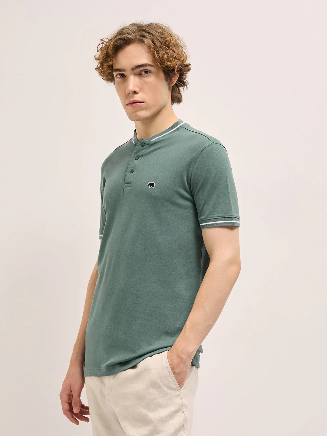 Men Pastel Green Solid Ribbed Collar - Image 3